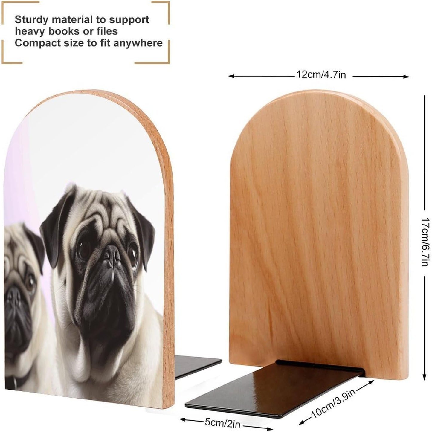 Pug Dog Bookend for Shelves Wooden Book End Large Size Sturdy Book Holders Stoppers with Metal Base for Bookshelves Slick Decorative Bookends Stands