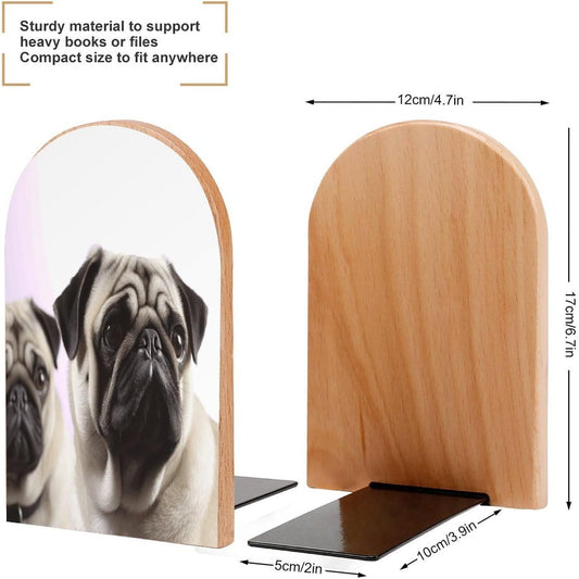 Pug Dog Bookend for Shelves Wooden Book End Large Size Sturdy Book Holders Stoppers with Metal Base for Bookshelves Slick Decorative Bookends Stands
