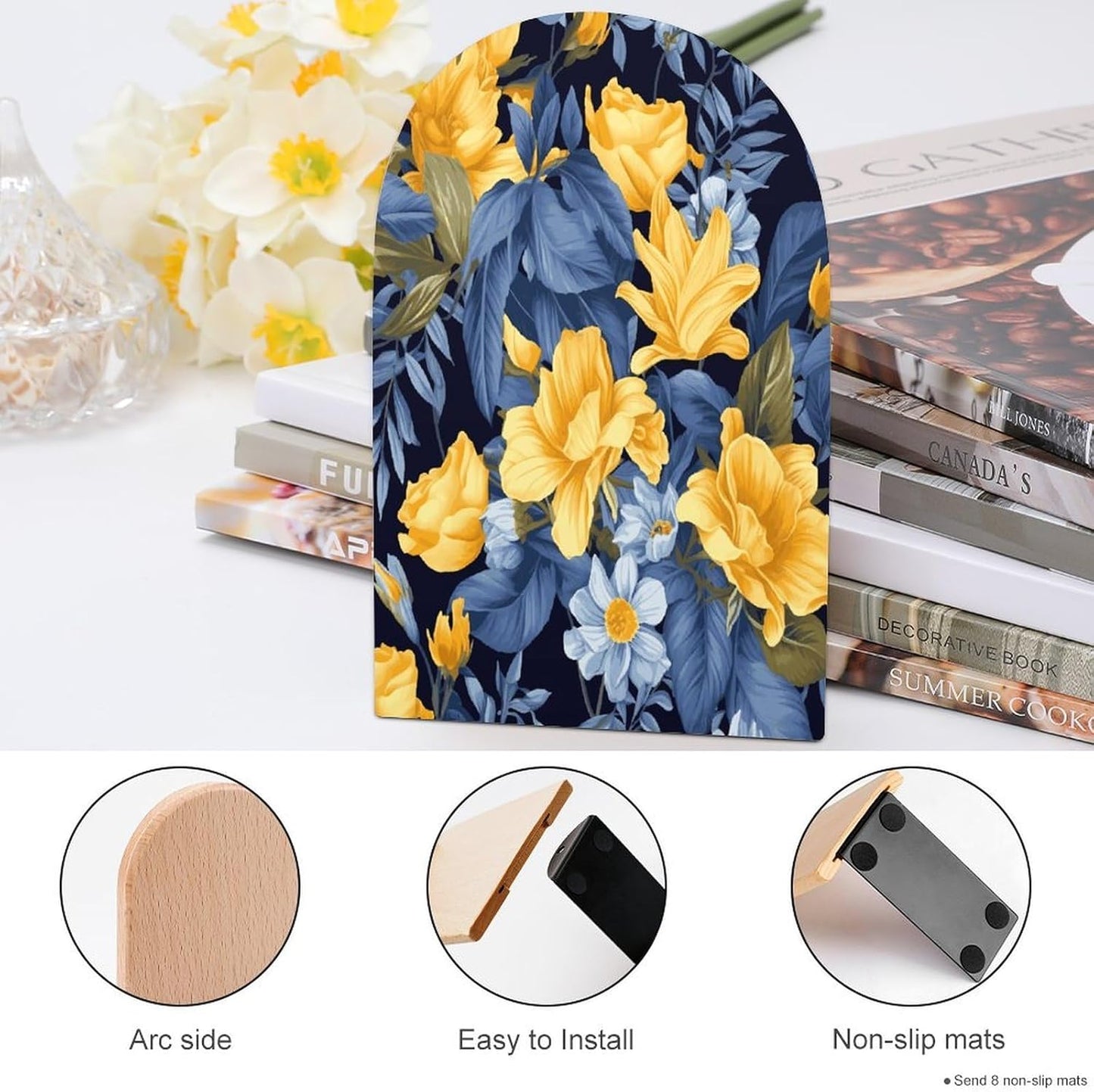 Blue Base Yellow Floral Bookend for Shelves Wooden Book End Large Size Sturdy Book Holders Stoppers with Metal Base for Bookshelves Slick Decorative Bookends Stands