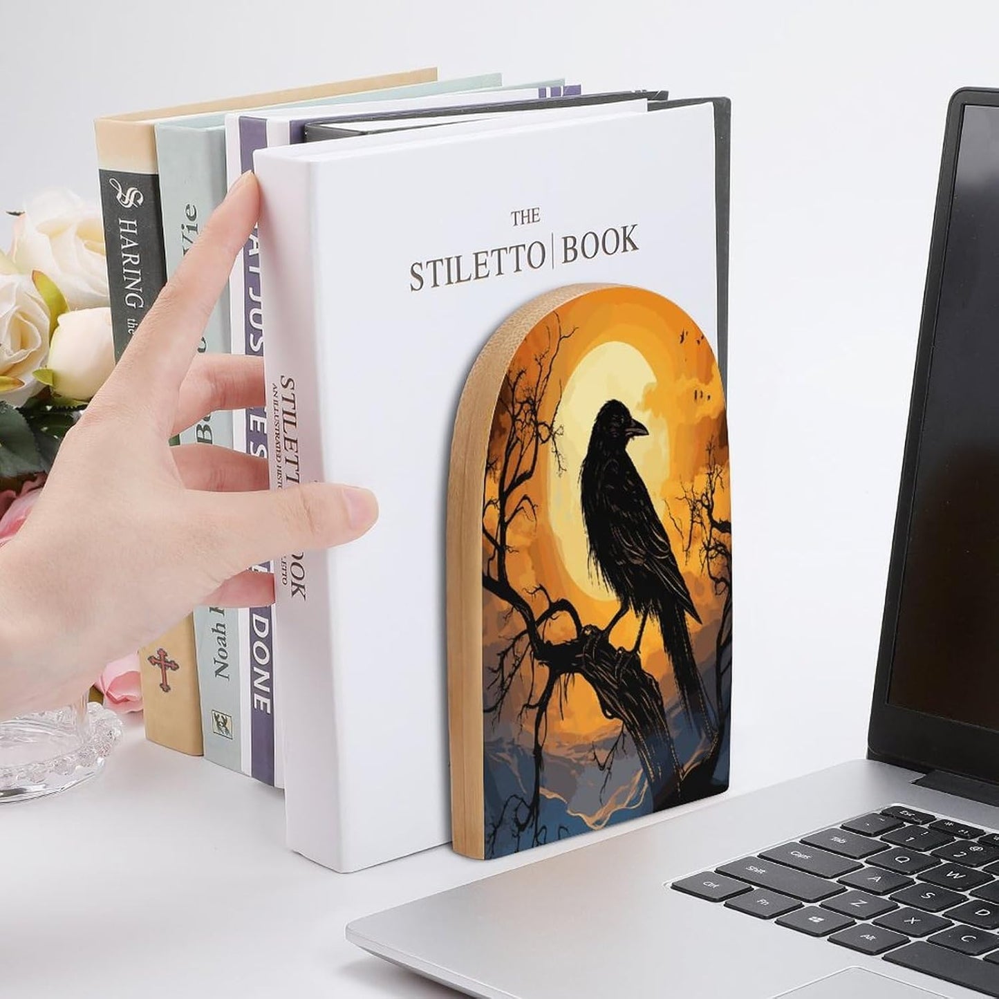 Non-Slip Bookend for Shelves Crow Wooden Bookends with Metal Base Decorative Book Stopper for Home Heavy Duty Wood Book Storage for Books/CDs