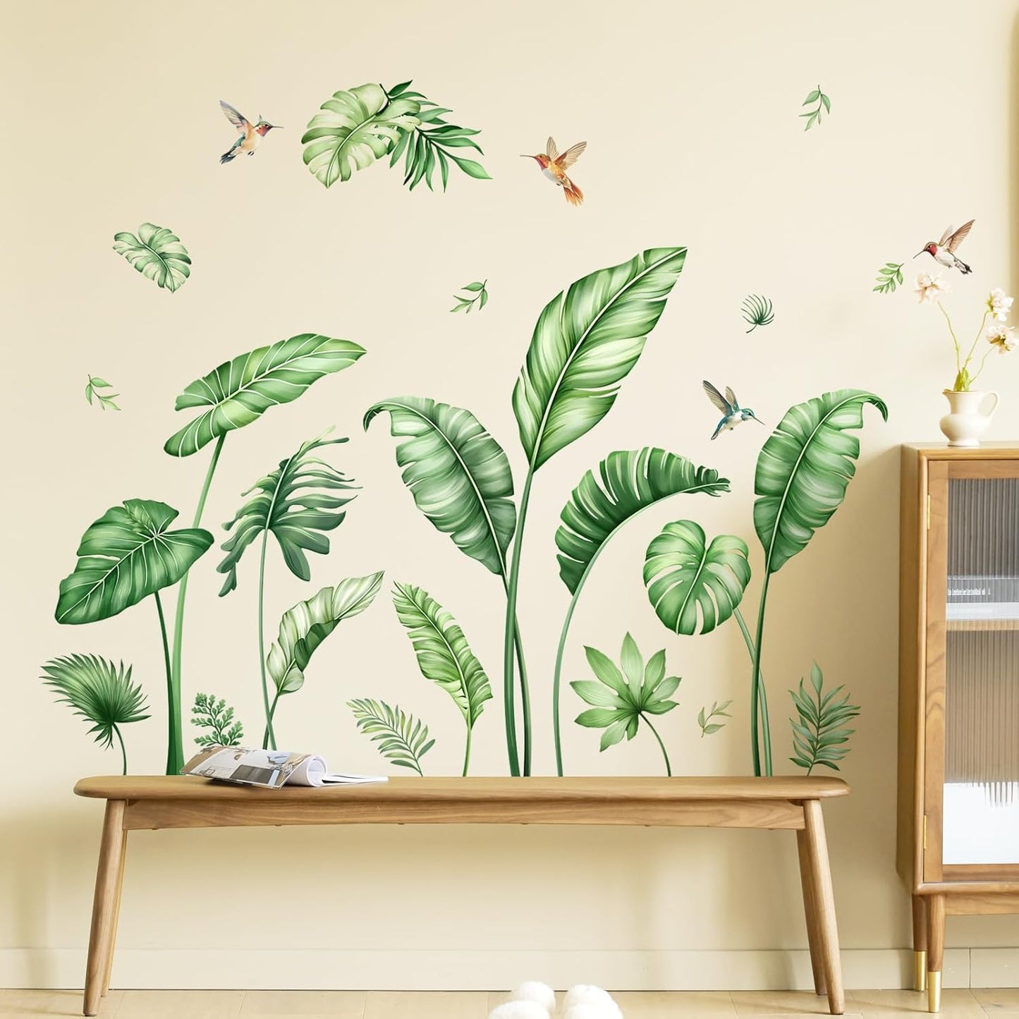 Large Palm Leaves Wall Decals, Tropical Plants Wall Stickers Boho Green Peel and Stick Wall Decal Self Adhesive Wall Art Sticker for Aisle Bedroom Office Sofa Backdrop Home Decor