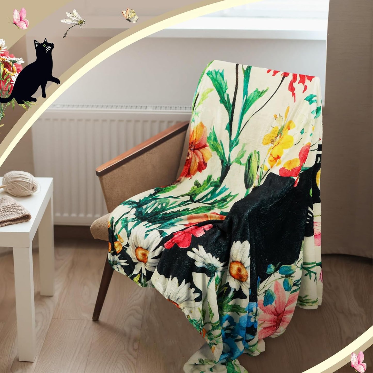 Shellwei Cute Black Cat Blanket for Bed Couch Sofa 60 x 50 Inch Floral Fluffy Gift Flannel Throw Watercolor Butterfly Flowers Garden Cat Throw Soft Blanket Home Decoration for All Seasons