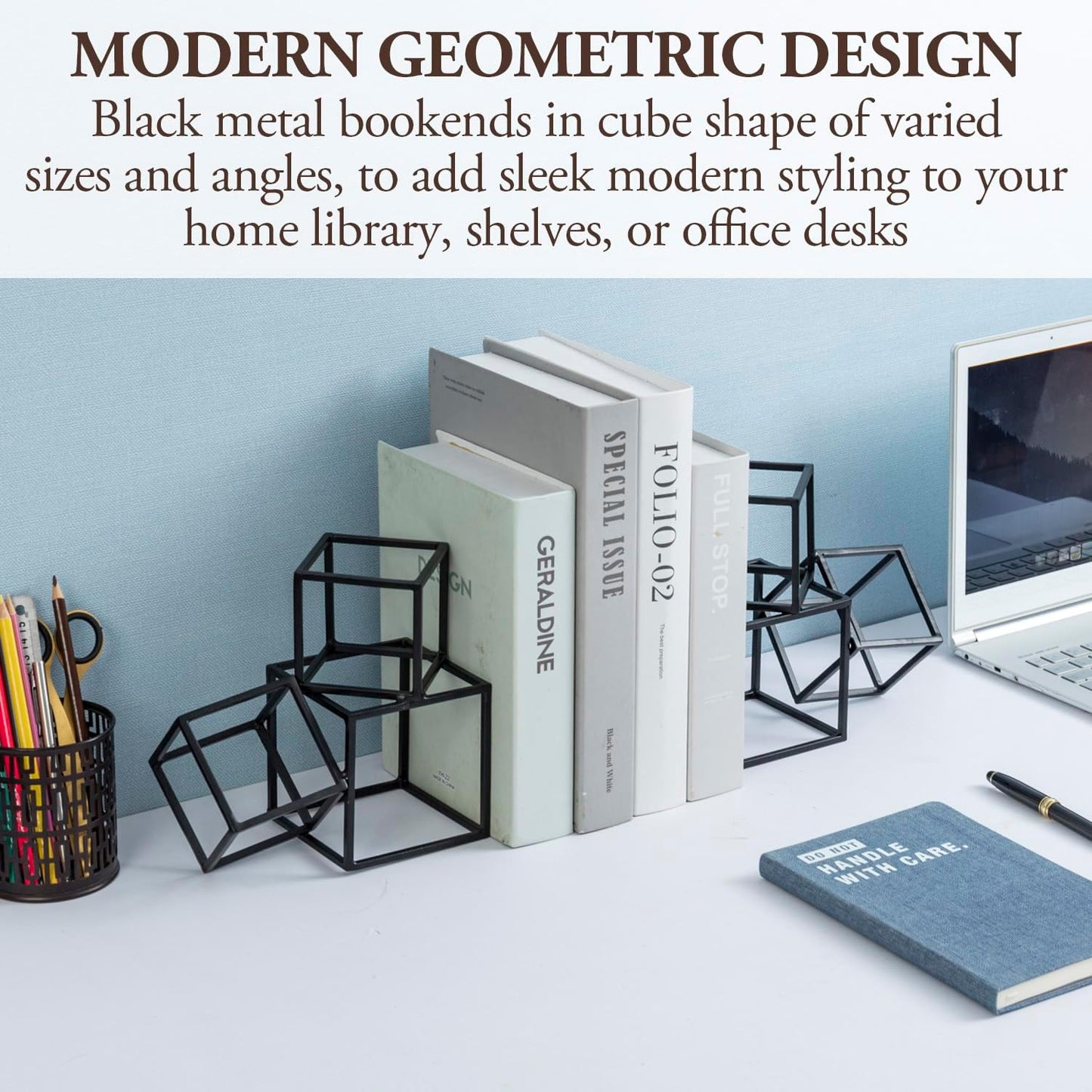 MyGift Modern Black Metal Geometric Bookends, Decorative Book Ends Stands for Home Library Bookshelf Office Desk, 1 Pair, Handcrafted in India, 3 Cube Frame Design