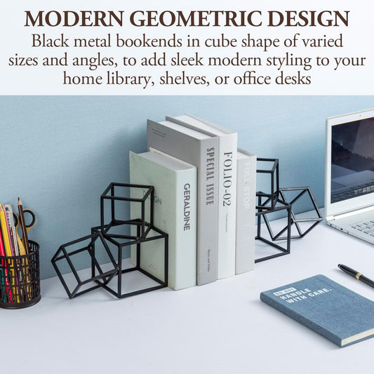 MyGift Modern Black Metal Geometric Bookends, Decorative Book Ends Stands for Home Library Bookshelf Office Desk, 1 Pair, Handcrafted in India, 3 Cube Frame Design