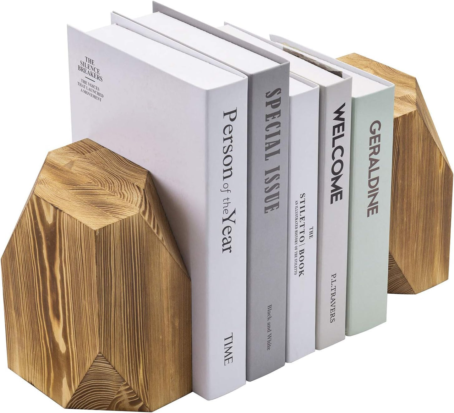 MyGift Brass Wood Decorative Bookends Triangular Design, Office Desk Wooden Book Ends, Book Stand for Shelves with Tone Ring Accent