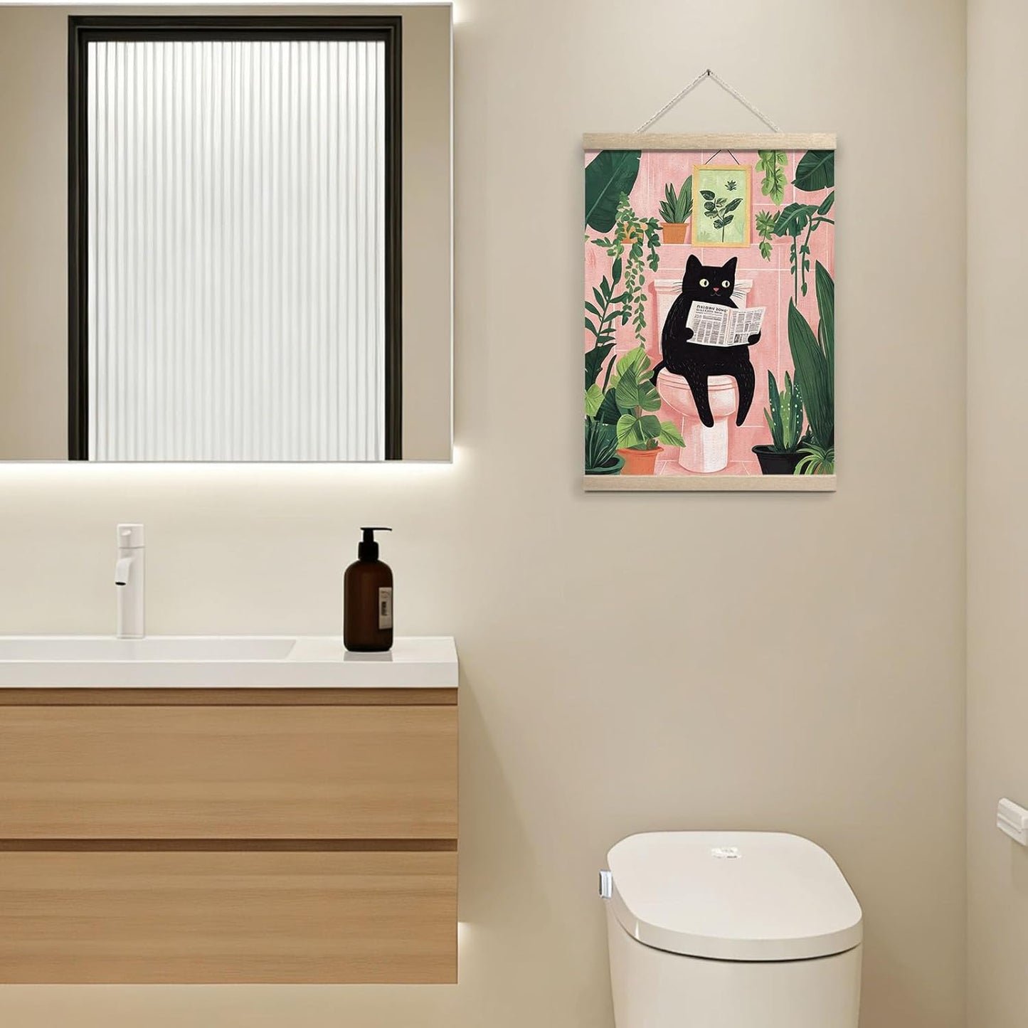 GOVGRTB Funny Black Cat Bathroom Canvas Wall Art Cat Reading Newspaper On Toilet Pink Green Plant Artwork,Vintage Wall Art for Bathroom Bedroom Living Room,Cat and Plant Lovers Wall Decor 12x16 Inch