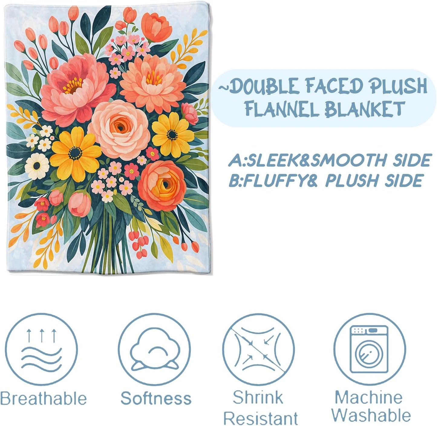 Colorful Floral Flannel Blanket, Soft Cozy Throw with Vibrant Flower Botanical, Bright Home Bedroom Decor and Gifts for Women Kids Girls, Lightweight Blankets for All Seasons, 50x60 Inch