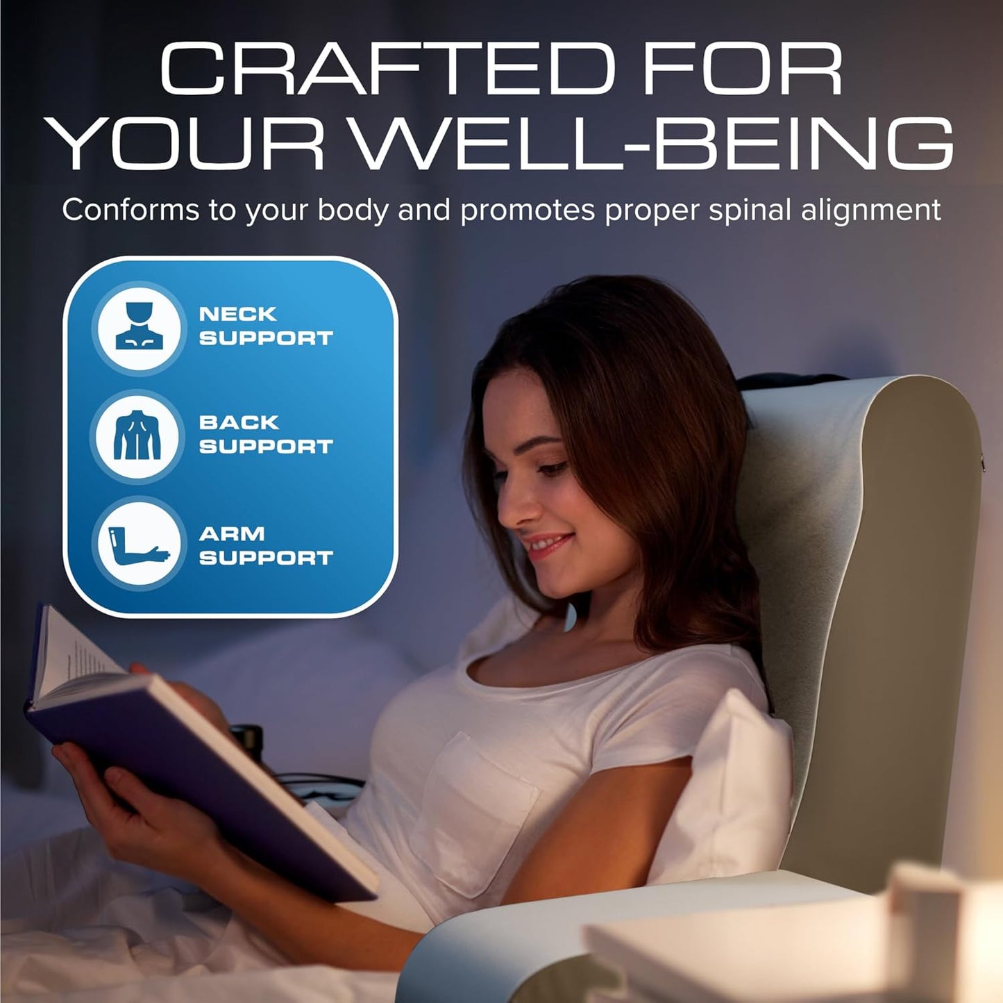 Kölbs Reading Pillow, Full Support Comfort Solid Foam, Back Cushion for Bed Sitting Up TV Book Gaming - Back Support Backrest Use on Mattress or Sofa (Grey/White, Tall)
