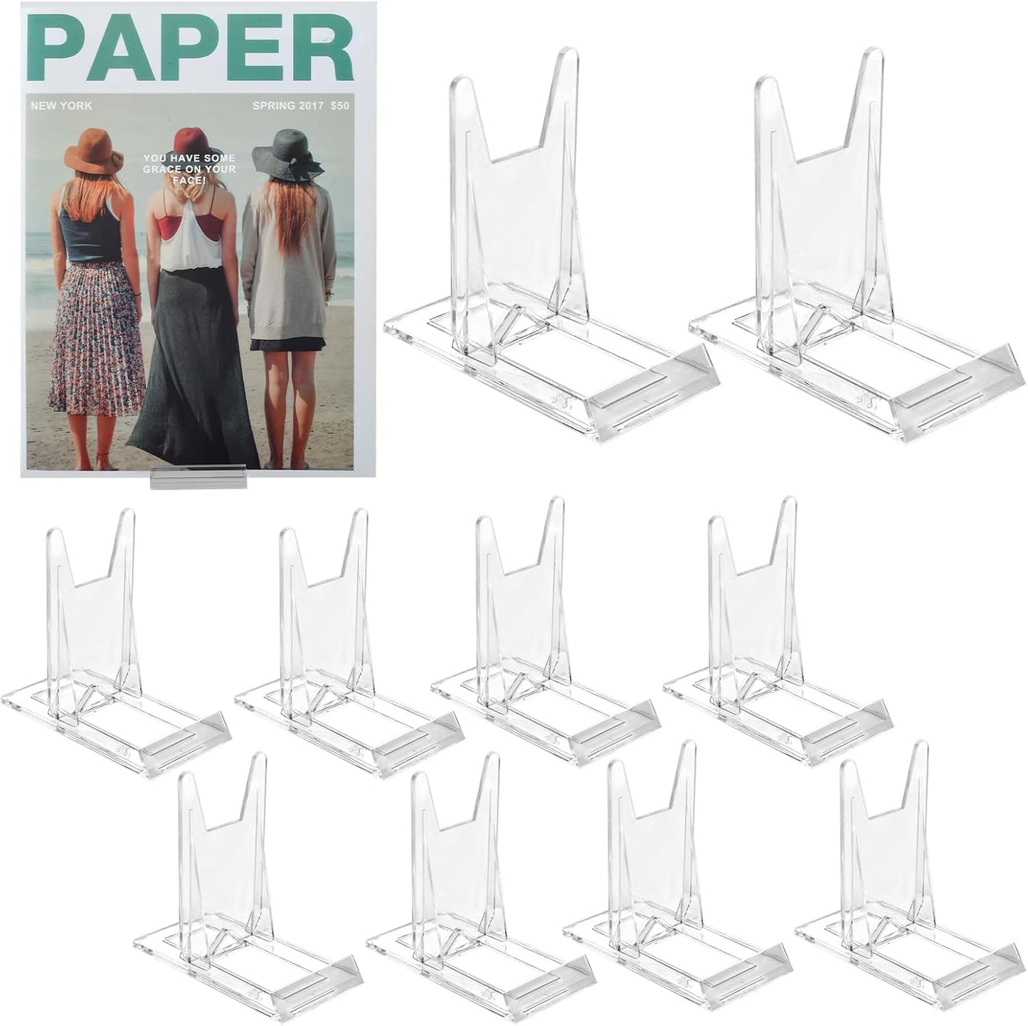 10 Pack Book Display Stands Adjustable Clear Easel Collector Display Holder Acrylic Book Easel Collector Display Stand for Comic Artwork Album CD Magazine Postcard Cookbooks Photos