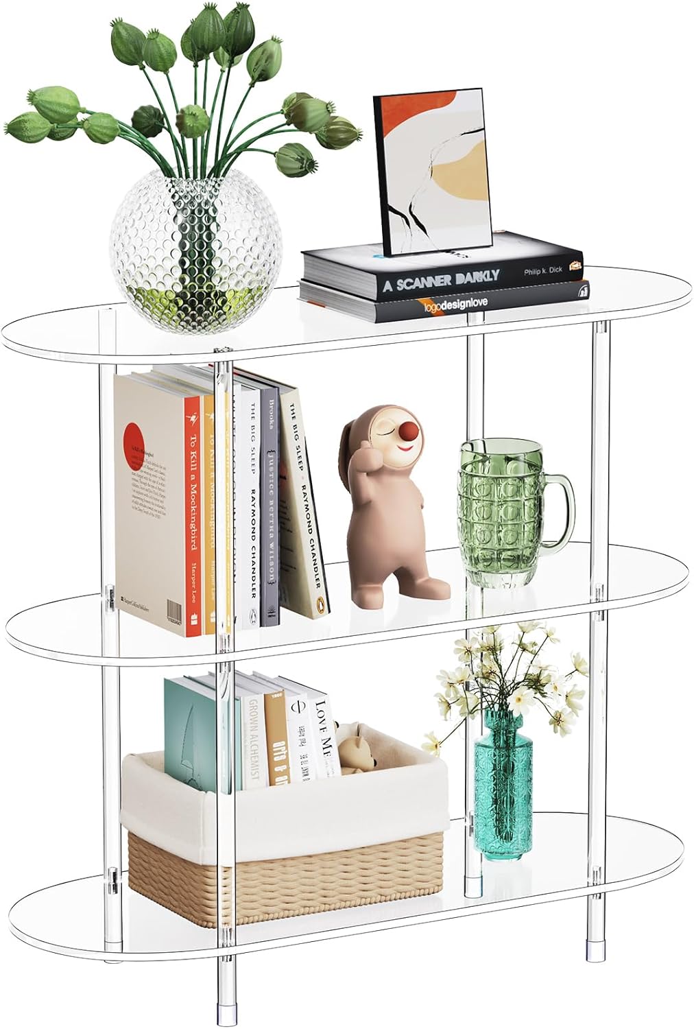Clear Acrylic Bookshelf, 31.5" L x 11.8" W x 27.7" H, 3 Tier Oval Acrylic Bookcase Table with Open Book Shelf, Modern Storage Organizer Entry Console Table for Entryway Living Room Bedroom
