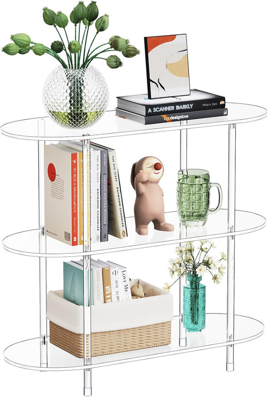Clear Acrylic Bookshelf, 31.5" L x 11.8" W x 27.7" H, 3 Tier Oval Acrylic Bookcase Table with Open Book Shelf, Modern Storage Organizer Entry Console Table for Entryway Living Room Bedroom
