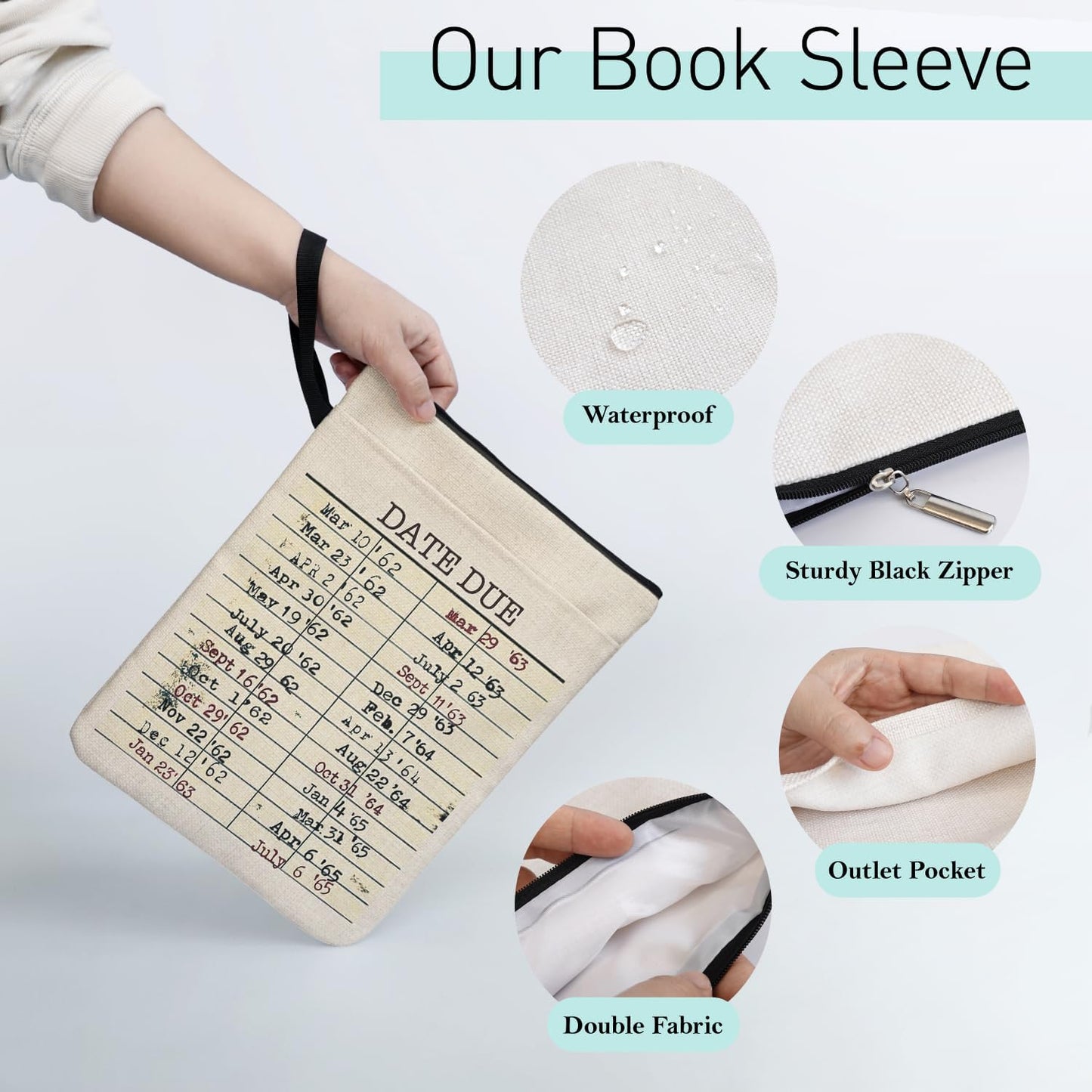 Library Date Due Book Sleeve Book Bag Gifts for Book Lover, Paperback Sleeve for Librarian Lovers Bookish Group Club Gifts for Women, Book Cover with Zipper and Front Pocket 9 x 12 Inch