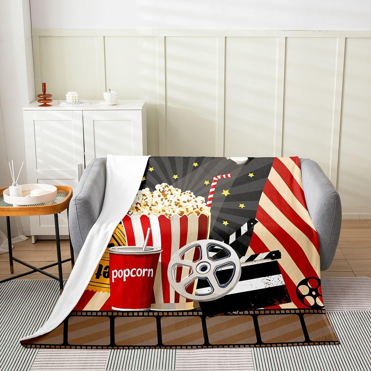 Feelyou Movie Theater All Season,Bed Blanket Cinema Poster Plush Throw Blanket, Popcorn Vintage Showing Flannel Fleece Blanket for Bedroom Decor Old Fashion Home Decor 40"x50"