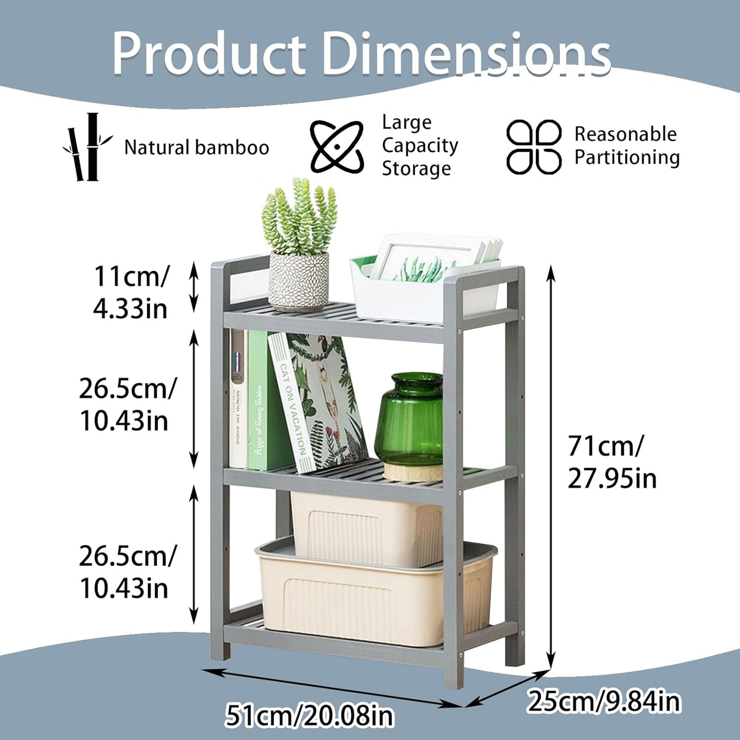 Bamboo Shelf, 4-Tier Bookcase Storage Shelves, Small Book Rack Shelving Unit, Multipurpose Storage Display Shelf for Bathroom Kitchen Living Room Office (3-Tier Grey-20.08in)