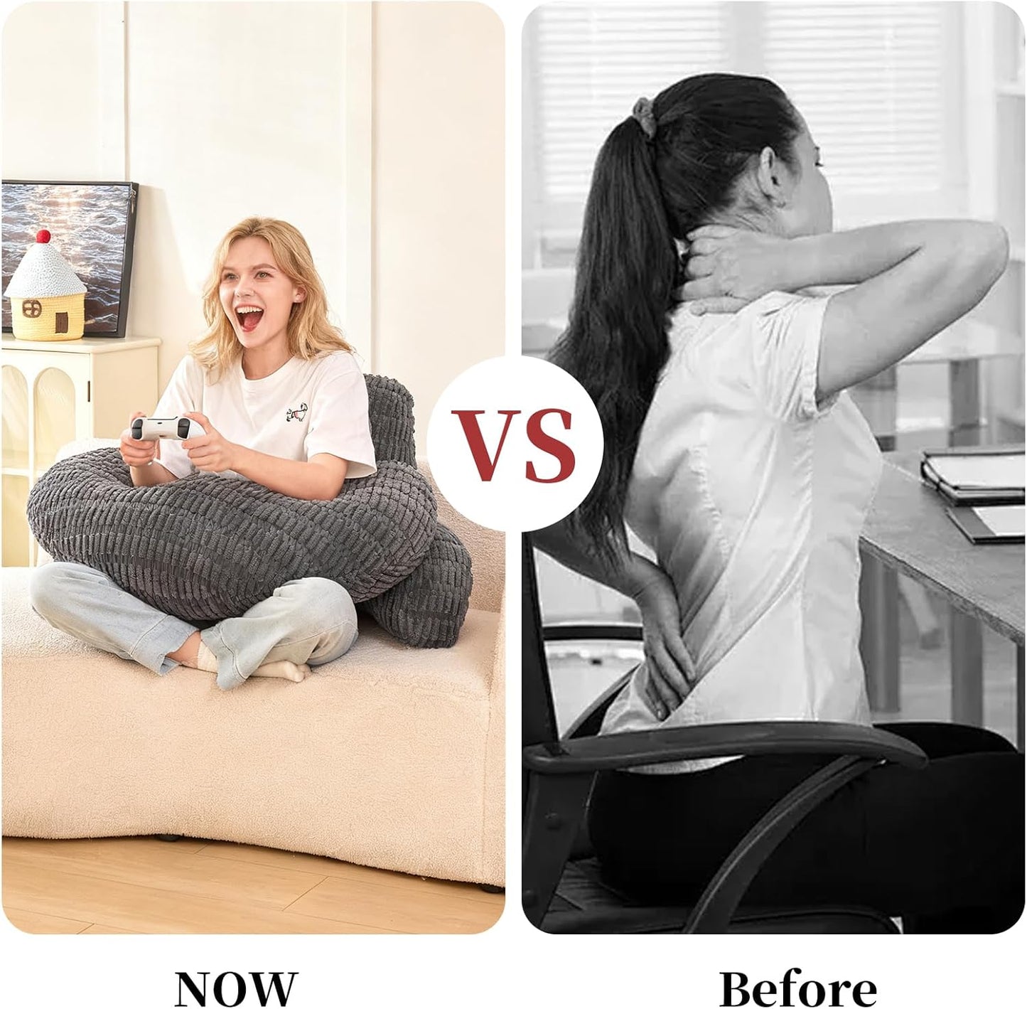 Back Pillow for Bed Sitting Up,U Shaped & Back Support Pillow for Bed,19" Backrest with Lumbar&Arm Support,Comfy Corduroy Fabric,Lap Pillow for Gaming/Reading/Watching TV,Grey