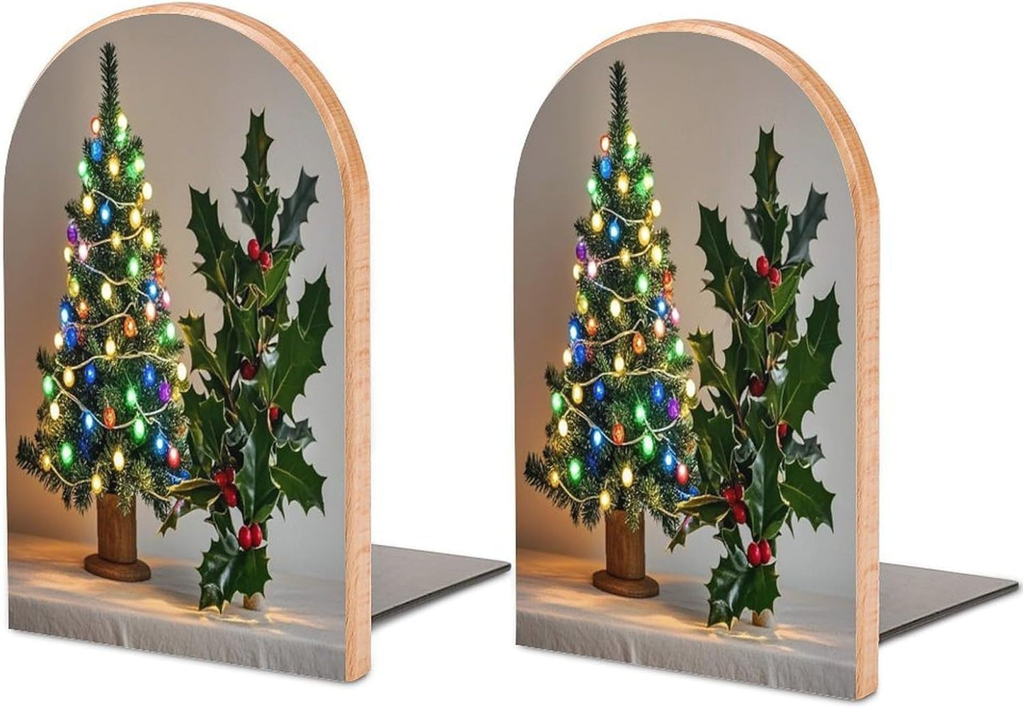 Christmas Tree Holly Bookends 1 Pair Heavy Duty Book Ends for Shelves Non-Skid Bookend Supports Wooden Book Holders with Metal Base Desk Organizers Books Storage to Hold Books