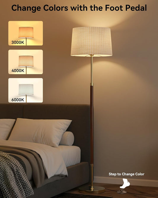 JOOFO Mid-Century Modern Wood Floor Lamp with Dual Fabric Shade, Remote Control, Dimmable & Adjustable Color Temperature, Reading & Living Room Lamp, Easy Clean Cover, Foot Switch,Walnut Wood