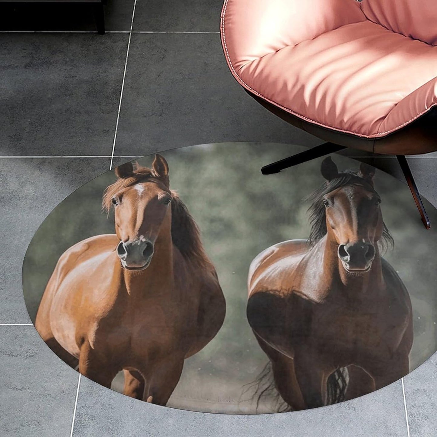 Animales Horses Circle Rug Retro Luxury Coral Velvet Floor Mat Non Slip Soft Indoor Floor Carpet Comfy Thickened Area Rugs Modern Aesthetic Minimalist Carpets for Home Decor