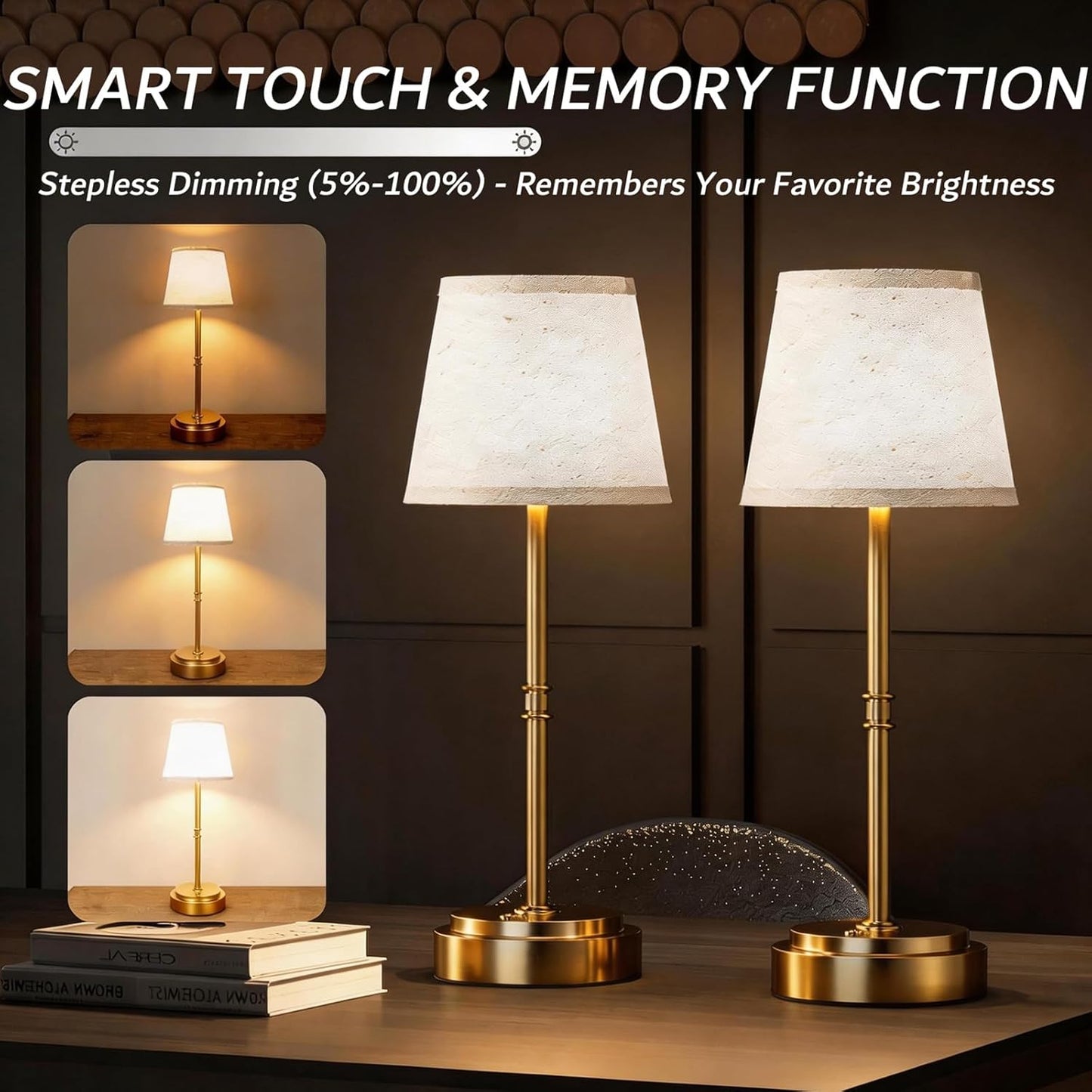 Cordless Table Lamp - 7500mAh Longest Lasting Battery Operated Lamp, 1 Pack Antique Brass Aesthetic Cozy Rechargeable Desk Lamp for Kitchen Counter, Dining Room & Restaurant Centerpiece