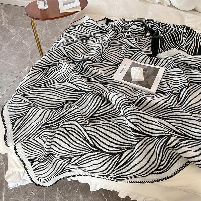 50x70 Inch Black and White Knitted Throw Blanket, Soft Patterned Lightweight Blanket for Couch, Sofa, Bed, Living Room Accent