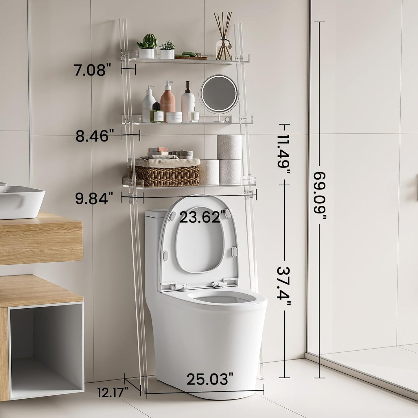 Sumerflos Acrylic Over The Toilet Ladder Shelf - 3 Tier Clear Over-The-Toilet Storage Bathroom Organizer Rack Leaning Space Saver for Bathroom Laundry Room Waterproof No Drilling Modern