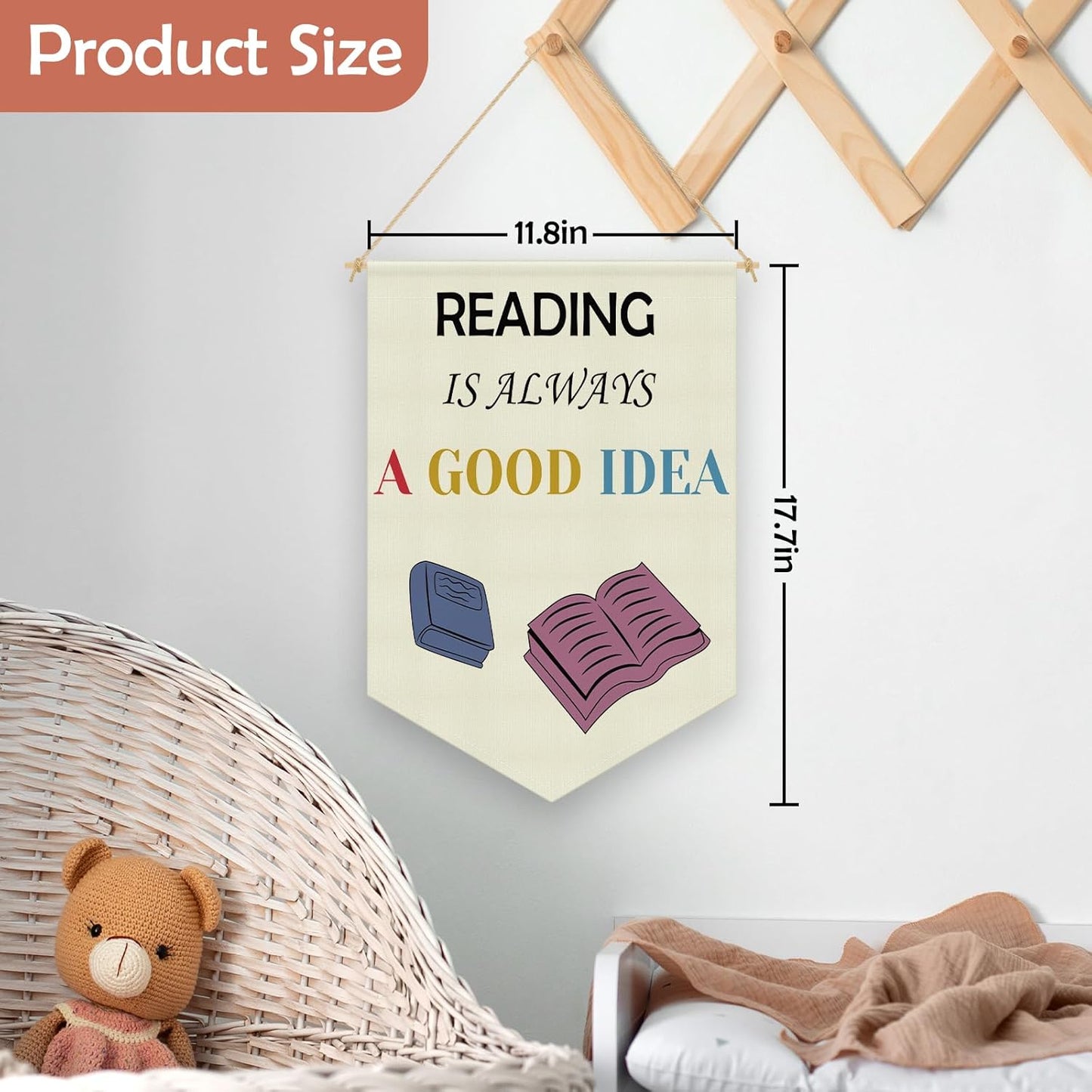Reading Corner Decor Canvas Banner Kids Reading Decor Classroom Library Playroom Wall Art Decors Hanging Pennant Flag Banner for Nursery Toddler Kindergarten Kids Room Wall Decors
