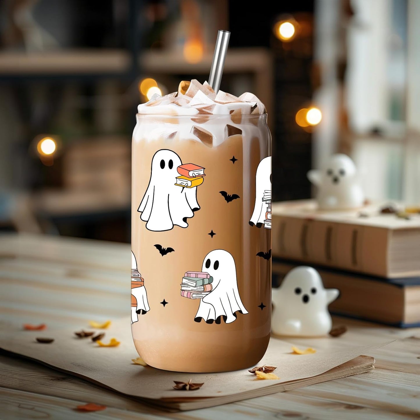Fairy's Gift Ghost Reader Halloween Cup, Cute Spooky Gifts for Book Lovers, 16 oz Iced Coffee Tumbler Cup w/Lid Straw, Book Themed Bookworm Bookish Reading Halloween Gifts for Women Librarian Reader