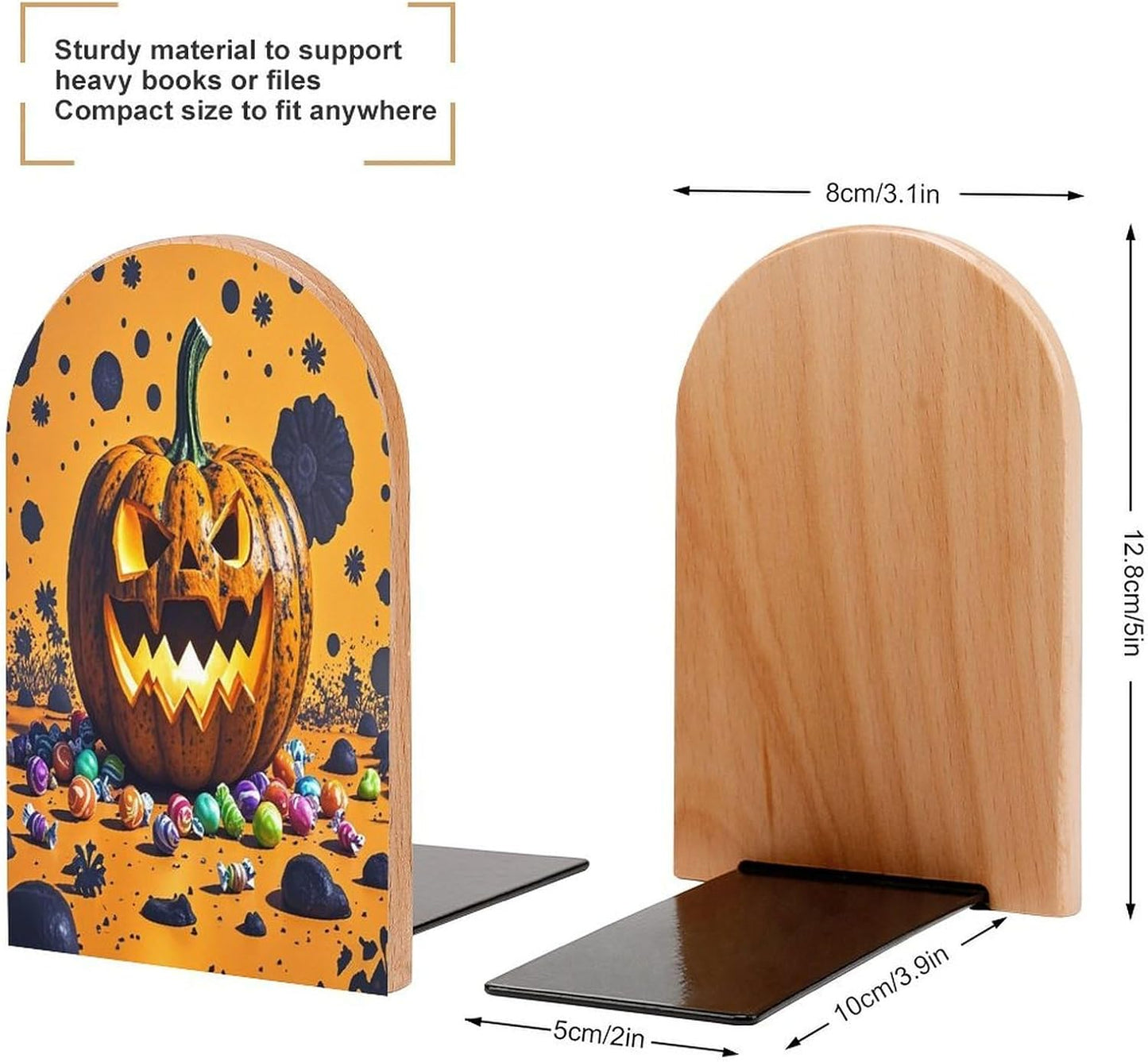 Halloween Pumpkin Monster Bookends 1 Pair Heavy Duty Book Ends for Shelves Non-Skid Bookend Supports Wooden Book Holders with Metal Base Desk Organizers Books Storage to Hold Books