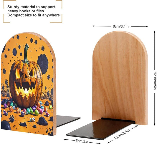 Halloween Pumpkin Monster Bookends 1 Pair Heavy Duty Book Ends for Shelves Non-Skid Bookend Supports Wooden Book Holders with Metal Base Desk Organizers Books Storage to Hold Books