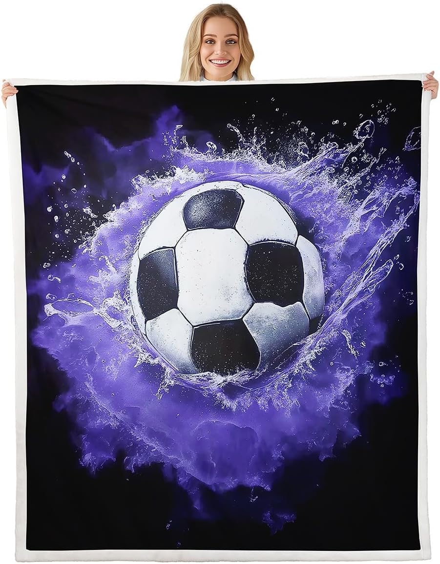 Feelyou Soccer Fleece Throw Blanket Twin 60"x80" Soccer Ball Game Plush Blanket Gift for Football Lover Sherpa Blanket Rugby Sports Fuzzy Blanket Purple Black Flannal Blanket