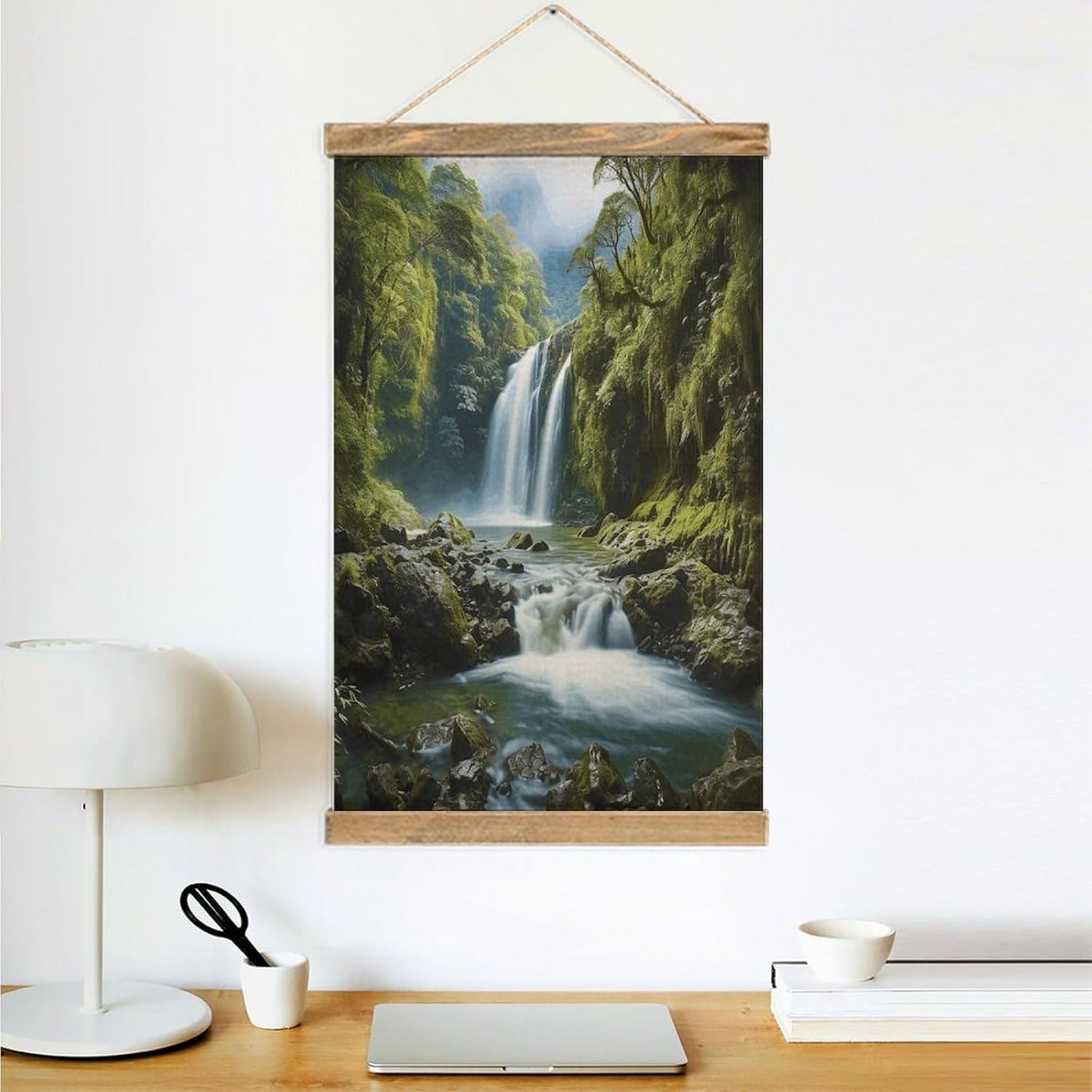 Vintage Waterfall Landscape Painting Poster with Wooden Frame Personalized Linen Hanging Scroll Painting Rustic Wall Hanging Illustrative Modern Artwork Decor for Home Living Room Bedroom Office