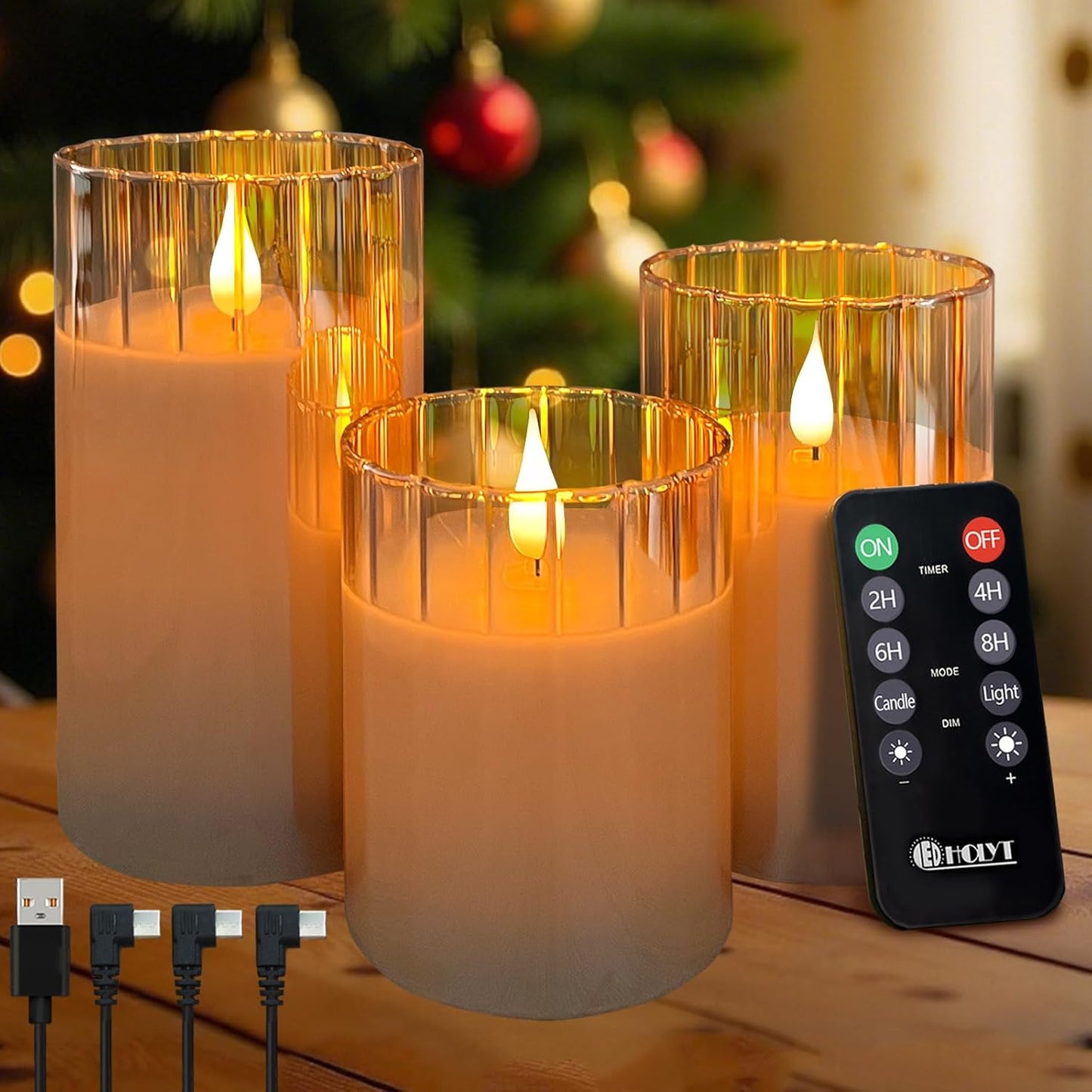 Rechargeable Flameless Candle, Flashing LED Pillar Real Wax Candle with Remote Control and Timer, Gold Stripes Glass Electronic Candles for Room Decoration, 1 Set of 3