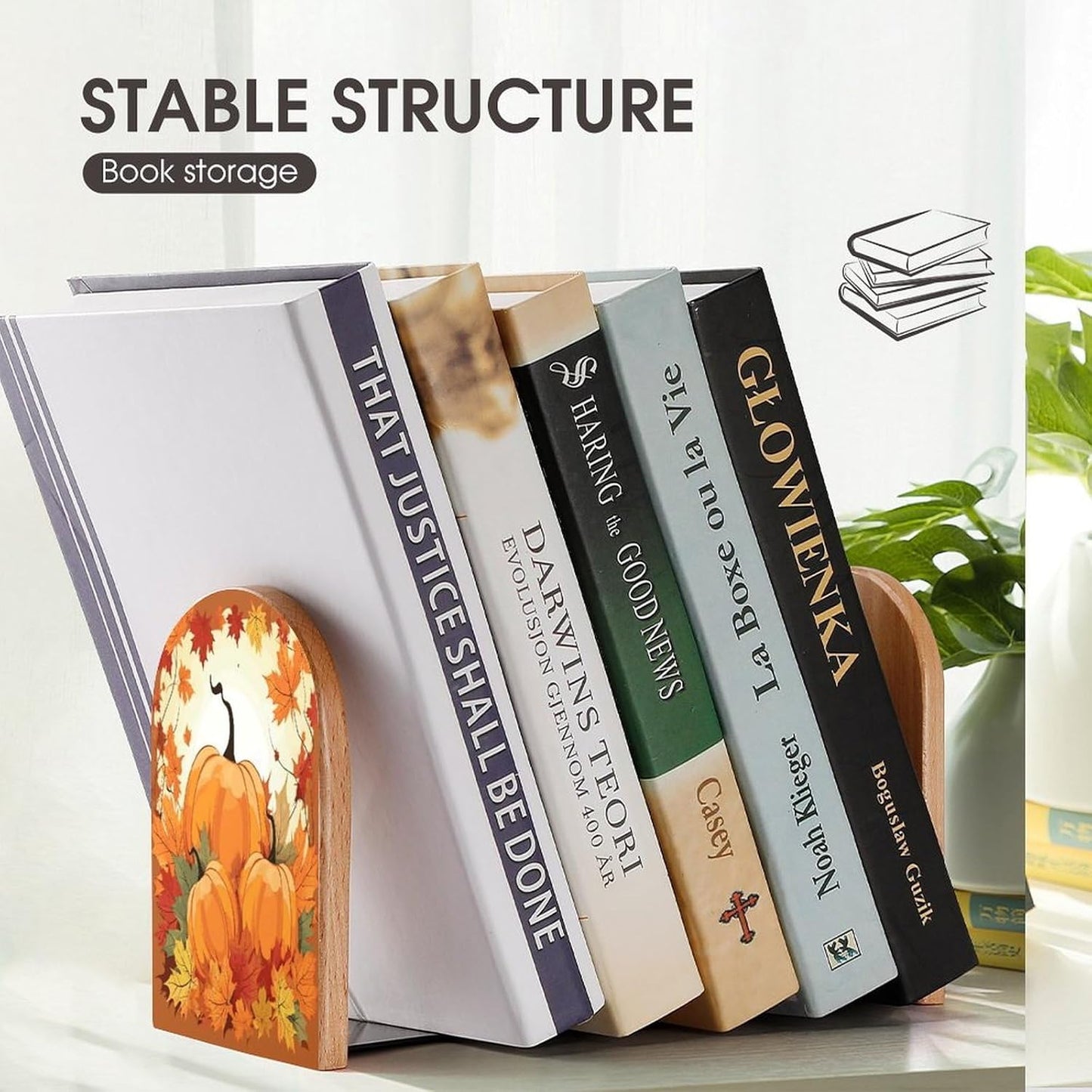 Autumn Pumpkin Maple Leaves Bookends 1 Pair Heavy Duty Book Ends for Shelves Non-Skid Bookend Supports Wooden Book Holders with Metal Base Desk Organizers Books Storage to Hold Books