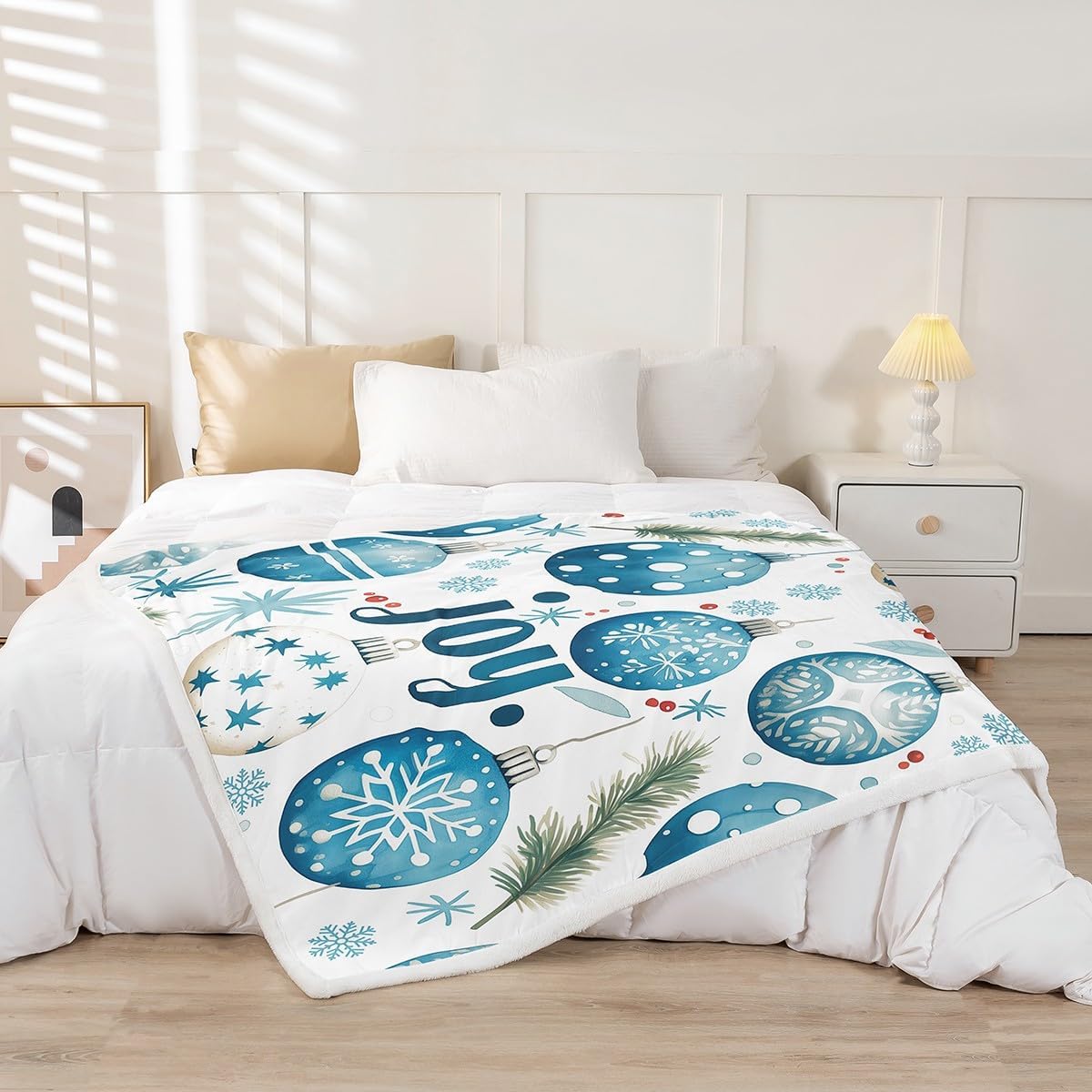 Feelyou Merry Christmas Sherpa Twin 60"x80" Fashion Fleece Throw Blanket for Bed Sofa Couch Kids Women Men Ultra Soft Blue Snowflake Plush Blanket Glitter Stars Print Fuzzy Blanket Xmas