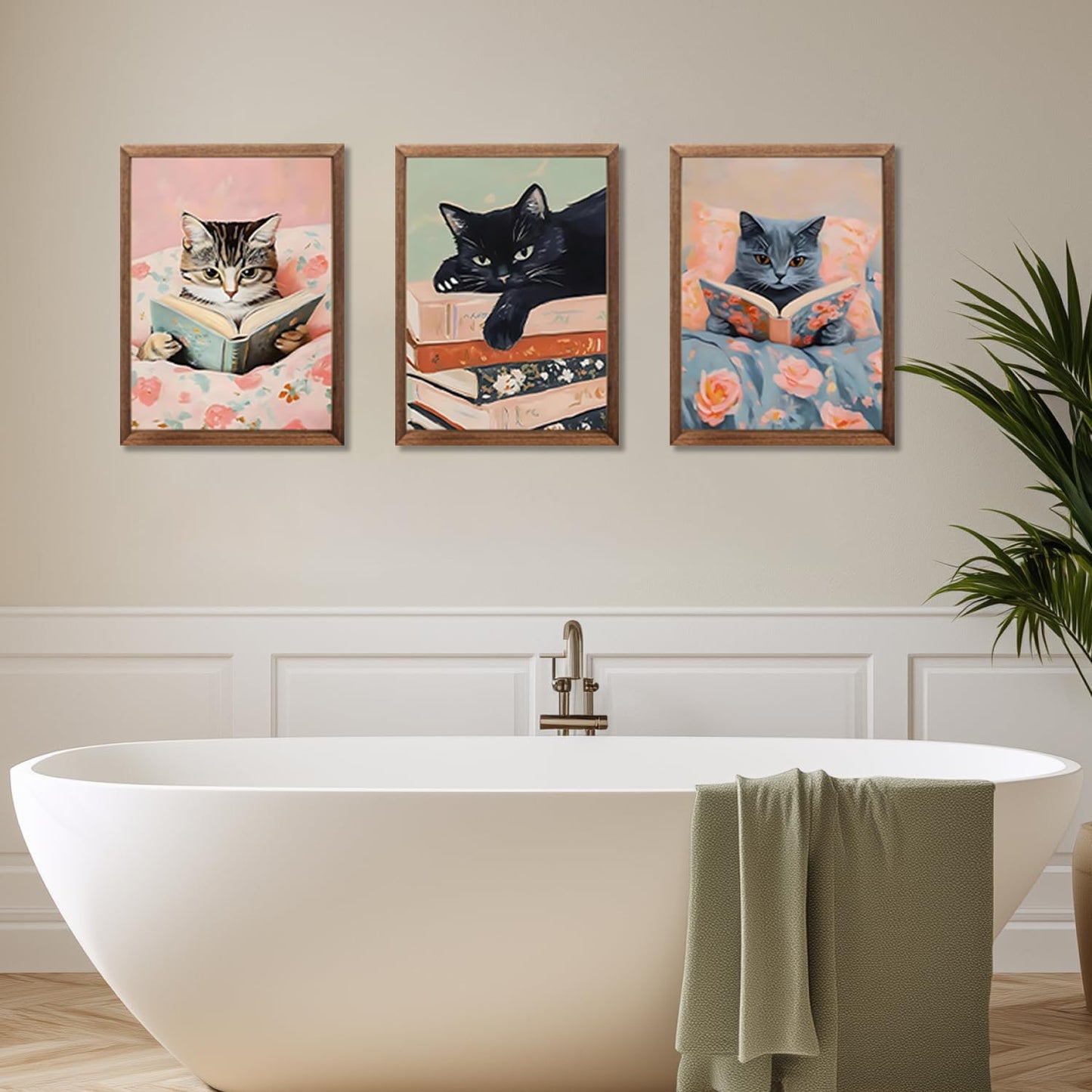 Chmylon Wall Art Set of 3,Cute Reading Cats Canvas Wall Decor, Funny Animal Book Art Prints, Pink Aesthetic Wall Artwork for Girls Room Bedroom Kids Room Living Room Bathroom Decor 12x16In Wood Framed