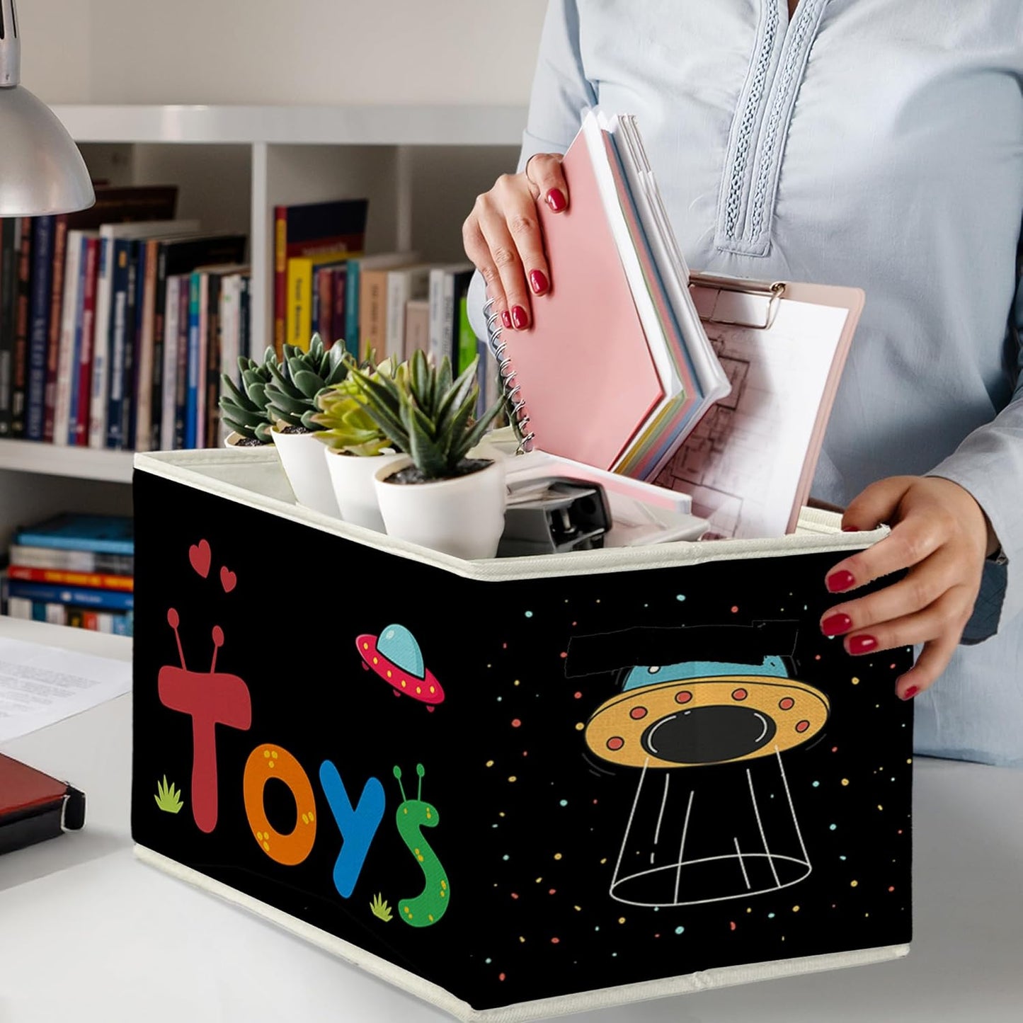 Space Nursery Storage Bins & Boxes with Handles, Outer Space Foldable Basket for Organizing, Galaxy Collapsible Storage Basket for Kids Boys Nursery Room Bedroom Playroom Clothes Toys Books