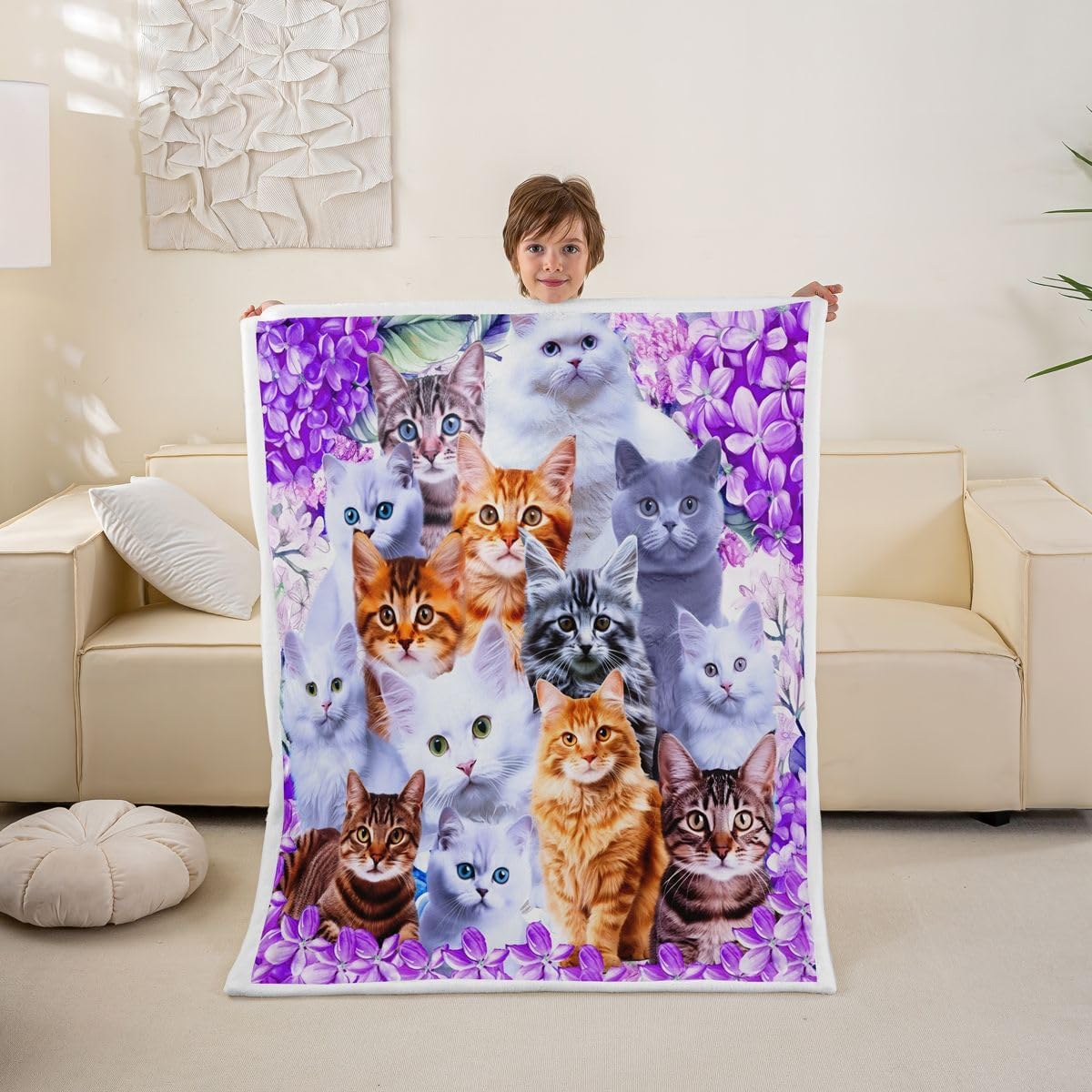 Feelyou Cute Cat Sherpa Blanket Pet Funny Cats Toddler Fleece Throw Blanket for Kids Boys Girls Lovers Cat Floral Purple Fuzzy Blanket for Sofa Bed Couch Feline Animal Lovely Decor,Twin 60x80 Inches