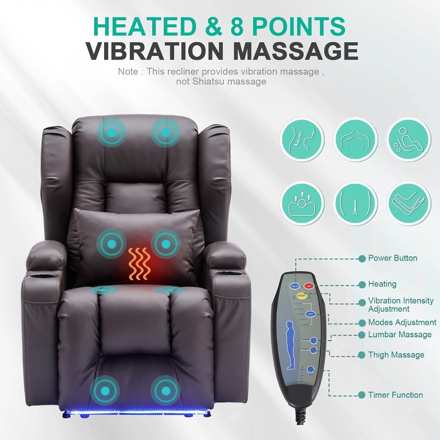 Power Lift Recliner Chair for Elderly, Electric Recliner Sofa with Heat and Massage, PU Leather Power Recliner Chair with USB Port, Cup Holders, Adjustable Reclining Chair