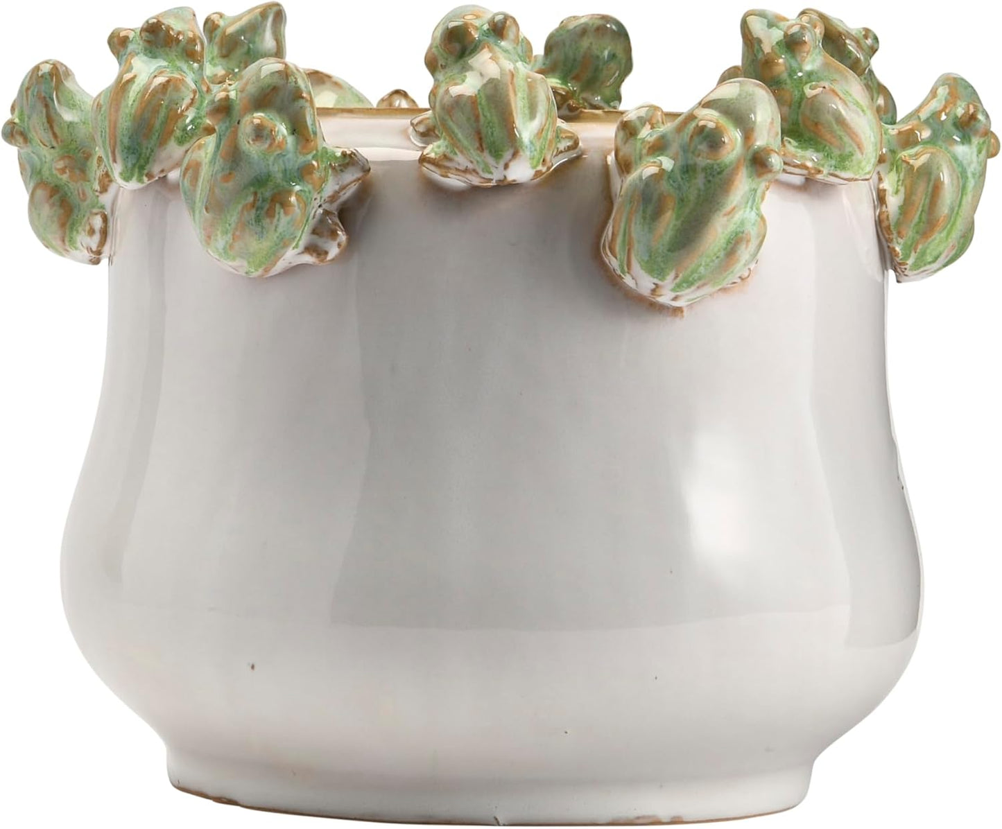 Creative Co-Op Stoneware Planter with Frogs on Rim and Reactive Glaze, Green and White