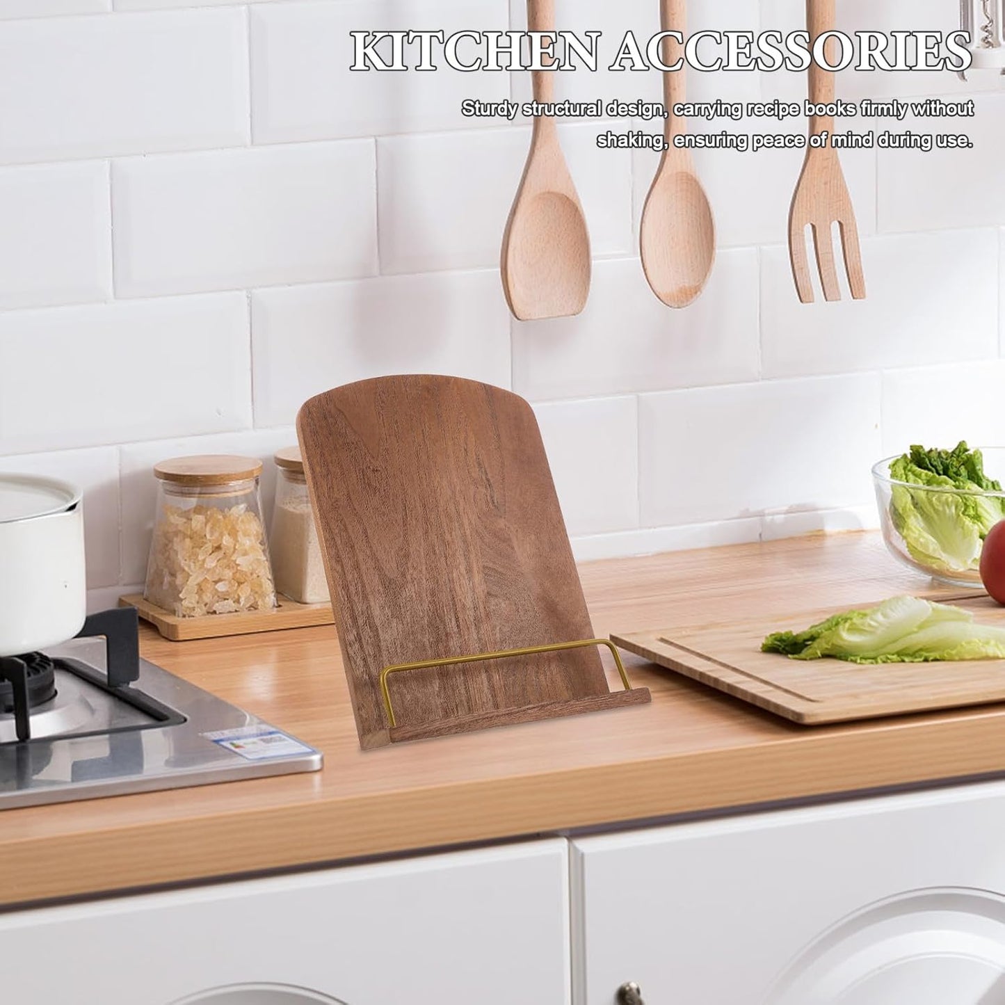 Recipe Book Holder for Kitchen Counter - Farmhouse Wooden Cookbook Stand - Adjustable Pad Tablet Book Holder Stand Rustic Decoration