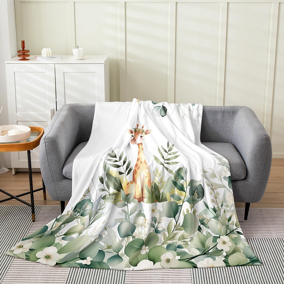 Erosebridal Giraffe Blanket Twin 60X80,Kawaii Giraffe Throw Blanket,Cartoon Animal Fleece Blanket,Green Plant Flowers Fuzzy Blanket for Kids Boys Girls Toddler Children
