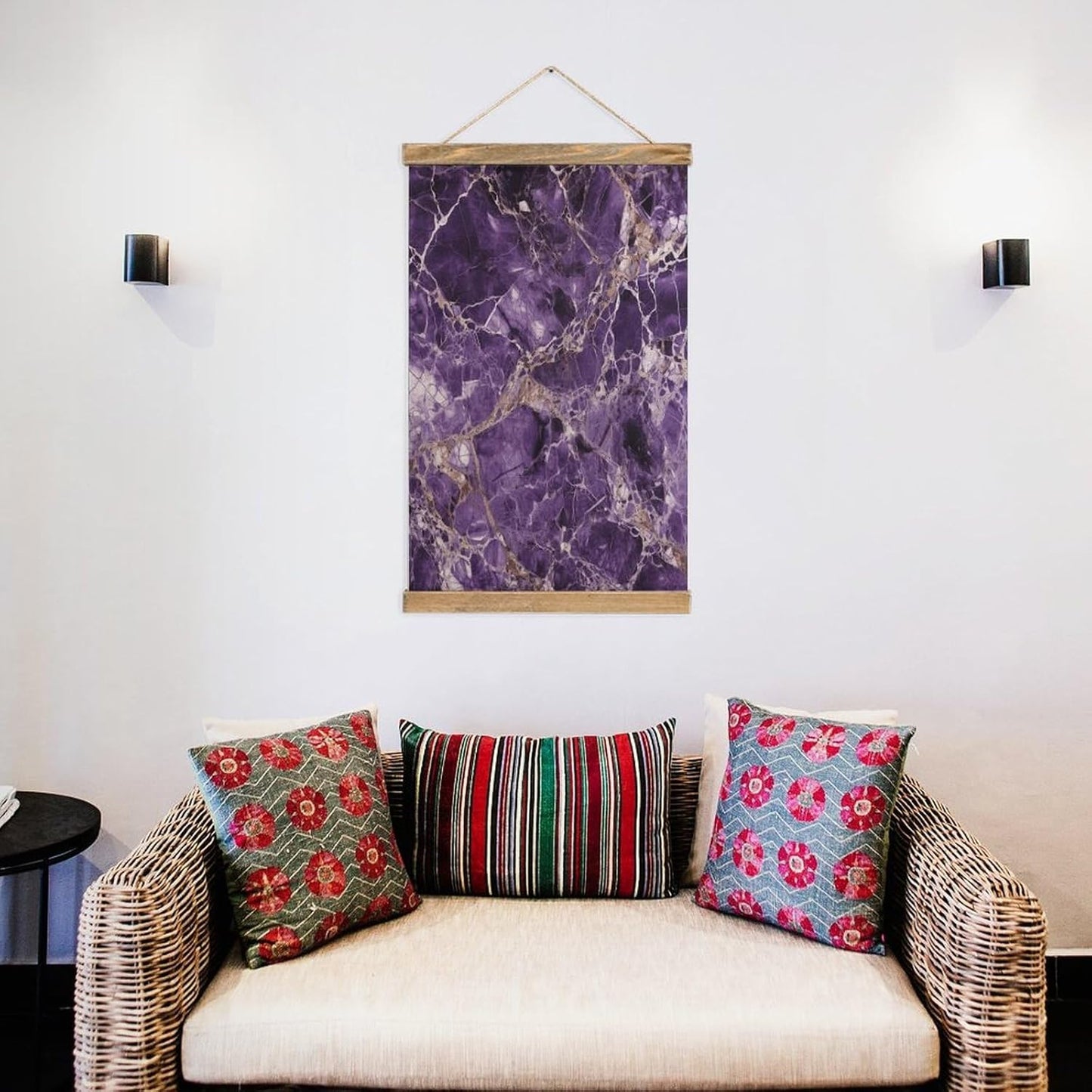 Vintage Marble Purple Poster with Wooden Frame Personalized Linen Hanging Scroll Painting Rustic Wall Hanging Illustrative Modern Artwork Decor for Home Living Room Bedroom Office