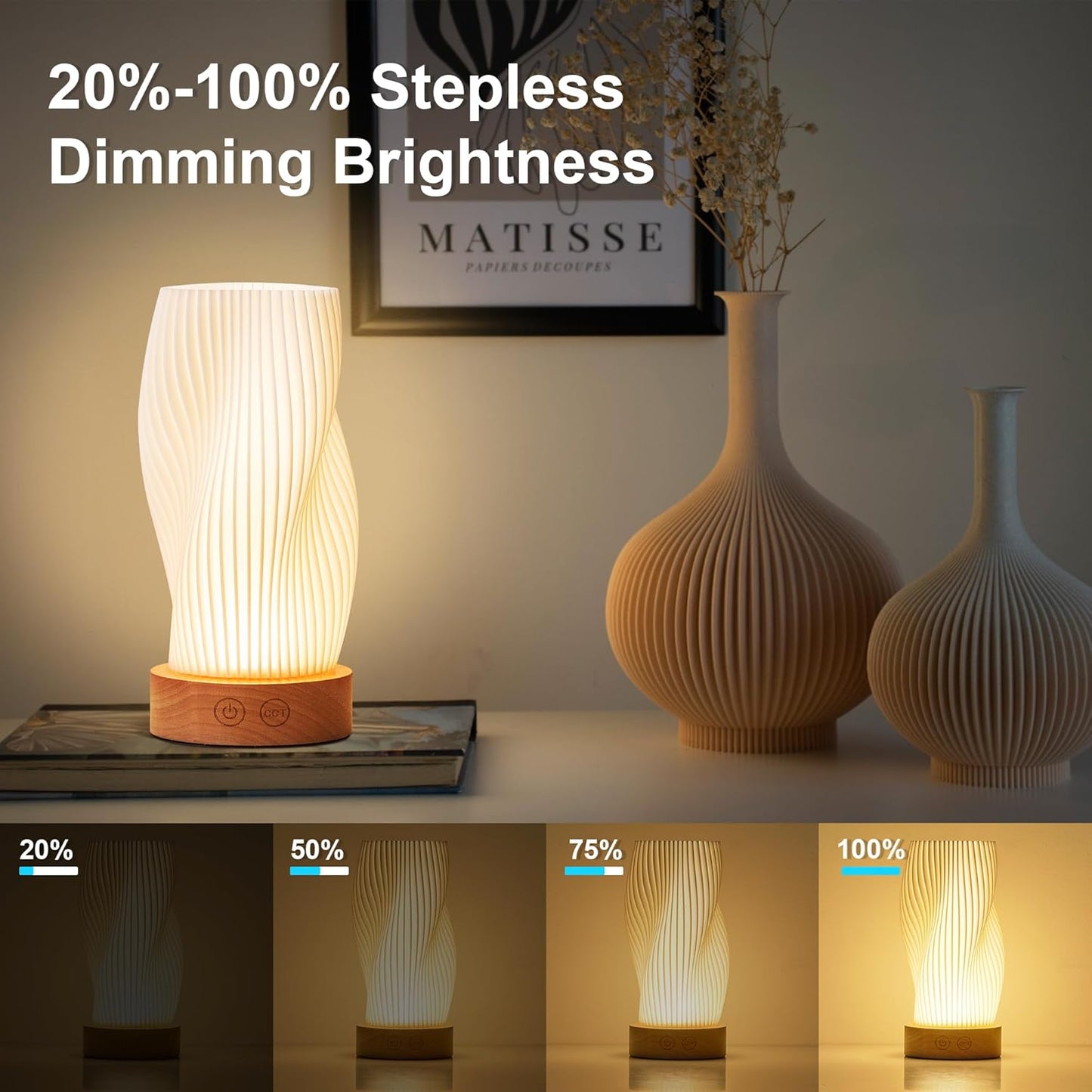 Battery Operated Portable Desk Lamp Set of Two, Dimmable Cordless LED Table Lamp,3 Colors & Memory Function, Modern Rechargeable Bedside Lighting for Living Room, Bedroom, White, 8.6inch