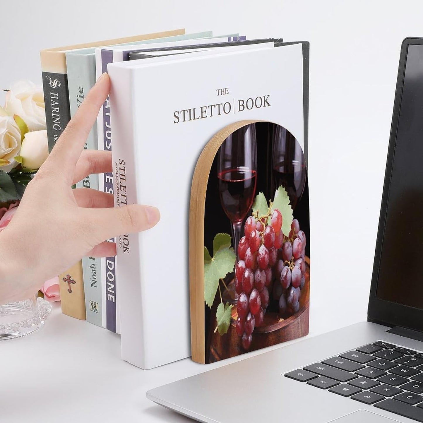 Red Wine Grape Bookend for Shelves Wooden Book End Large Size Sturdy Book Holders Stoppers with Metal Base for Bookshelves Slick Decorative Bookends Stands