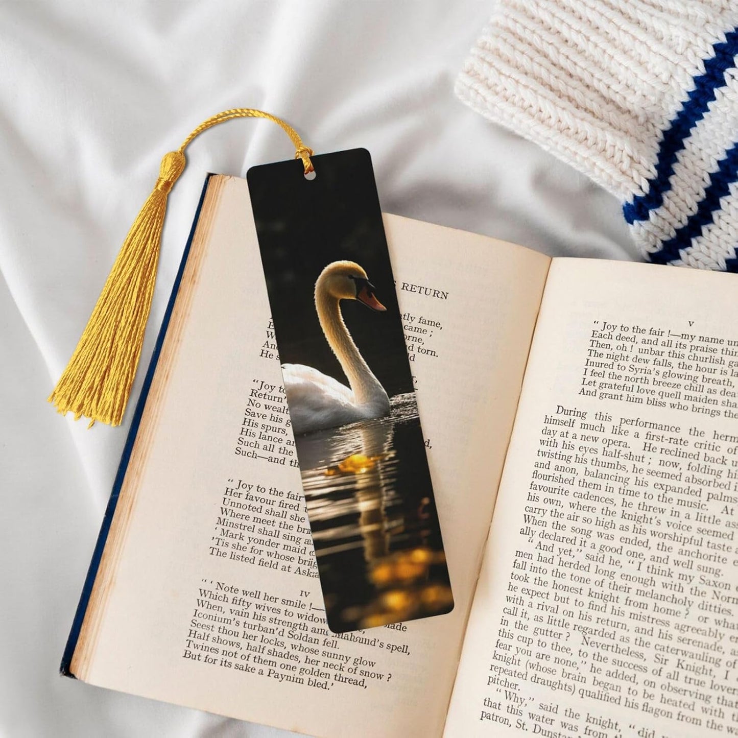 White Swan Swimming Bookmarks Gifts for Women Men, Wooden Bookmarks for Book Lovers, Vintage Book Marks Ornaments with Tassel, Unique Personalized Reading Page Markers Gold