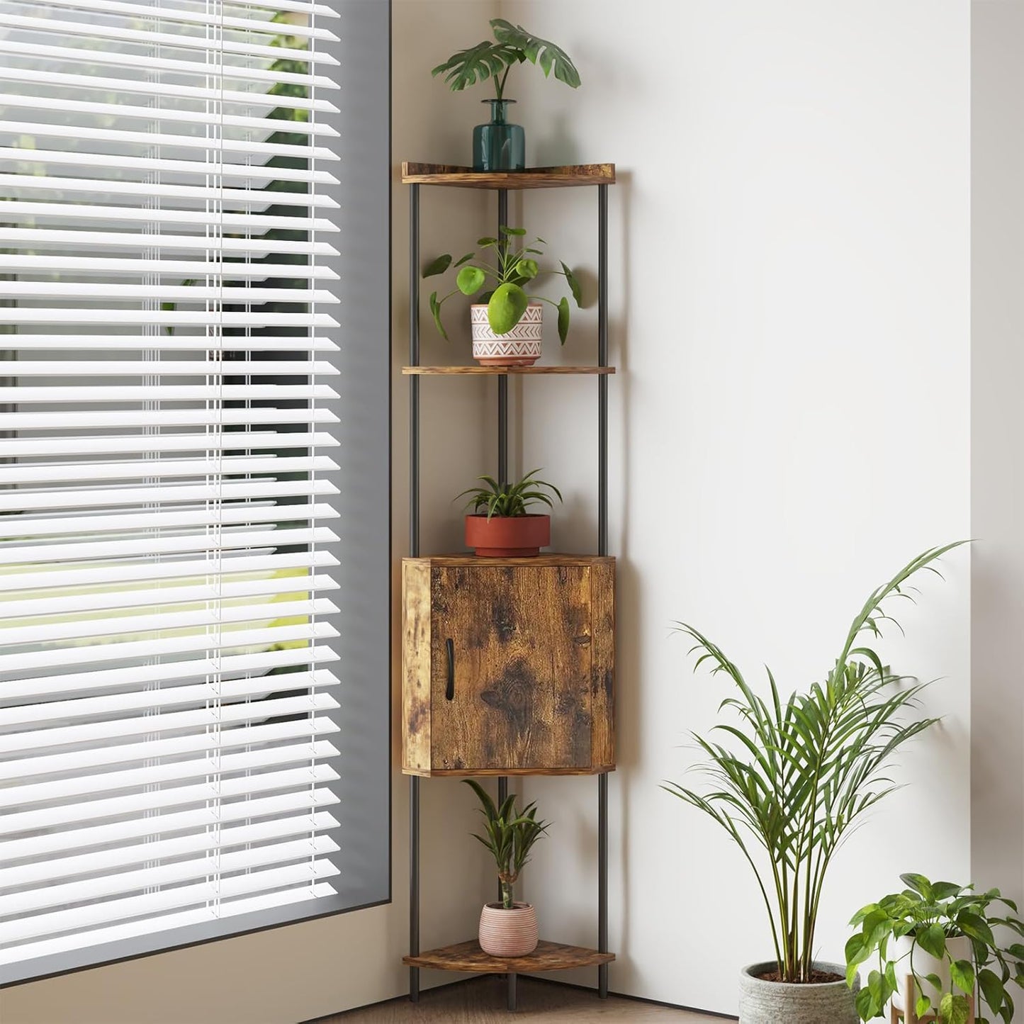 65.7" Rustic Brown Corner Bookshelf with Doors, 5 Tier Tall Corner Cabinet with Storage, Metal & Wood Corner Shelf Unit for Living Room, Bedroom, Kitchen, Bathroom