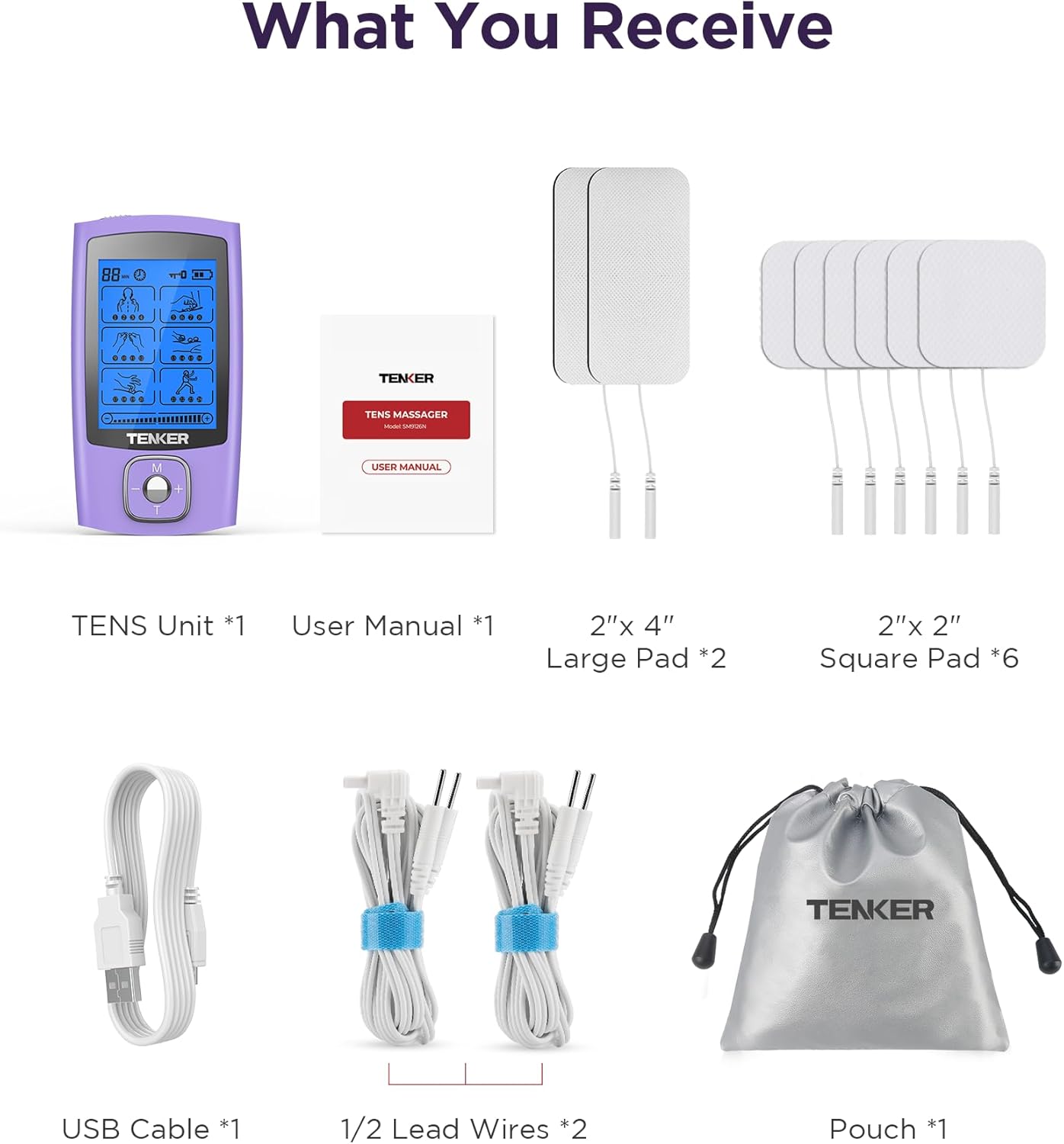 TENKER TENS Unit Muscle Stimulator, 24 Modes TENS EMS Machine for Shoulder, Sciatica, Back Pain Relief, Rechargeable Electronic Pulse Massager with 2"x2" and 2"x4" Electrode Pads