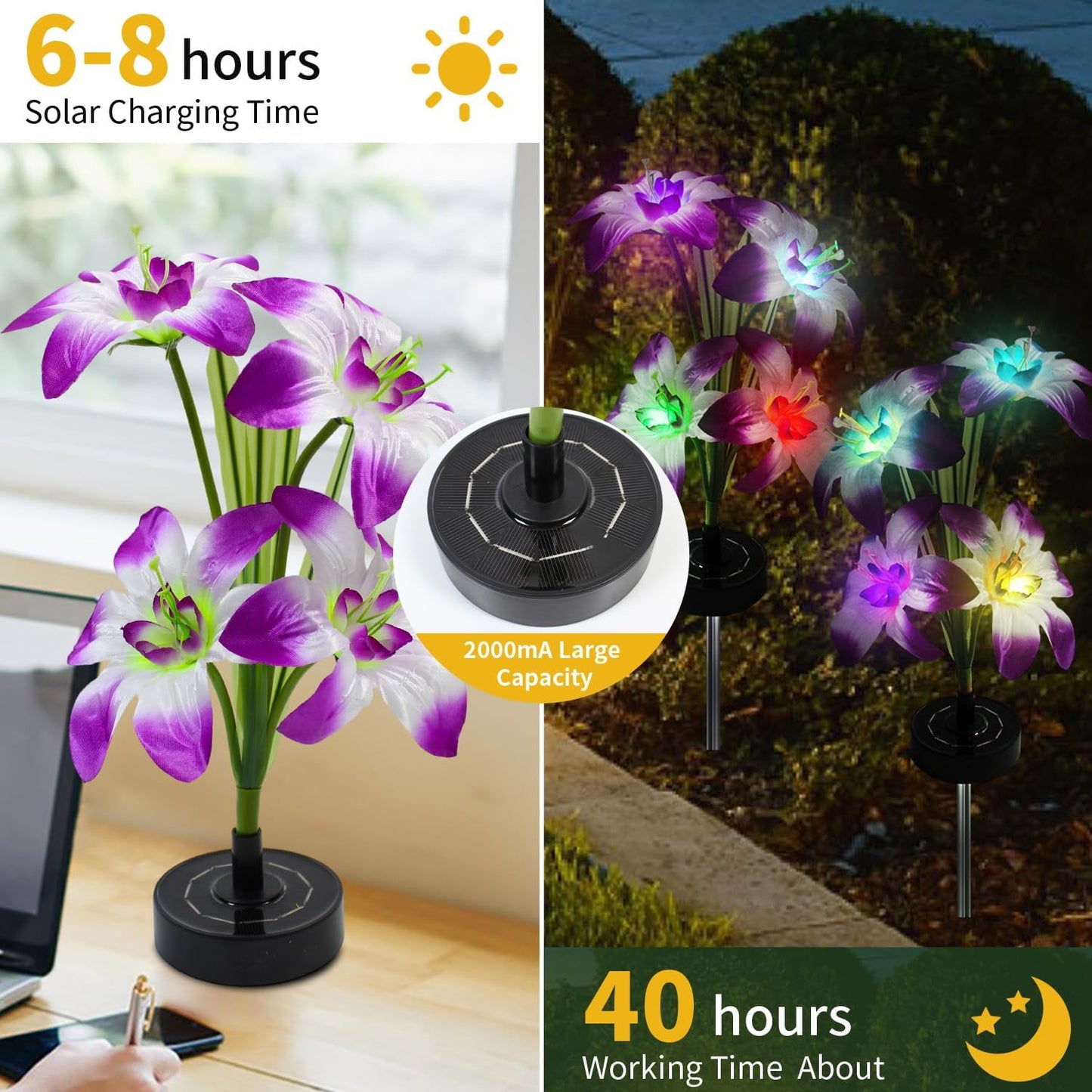 Solar Flowers Lights - Solar Garden Lights Outdoor Waterproof Lily Flower, 40 Hours Color Changing Solar Powered Outside Decor Decoration for Yard Patio Pathway Lawn, Gifts for Mom, 2pcs