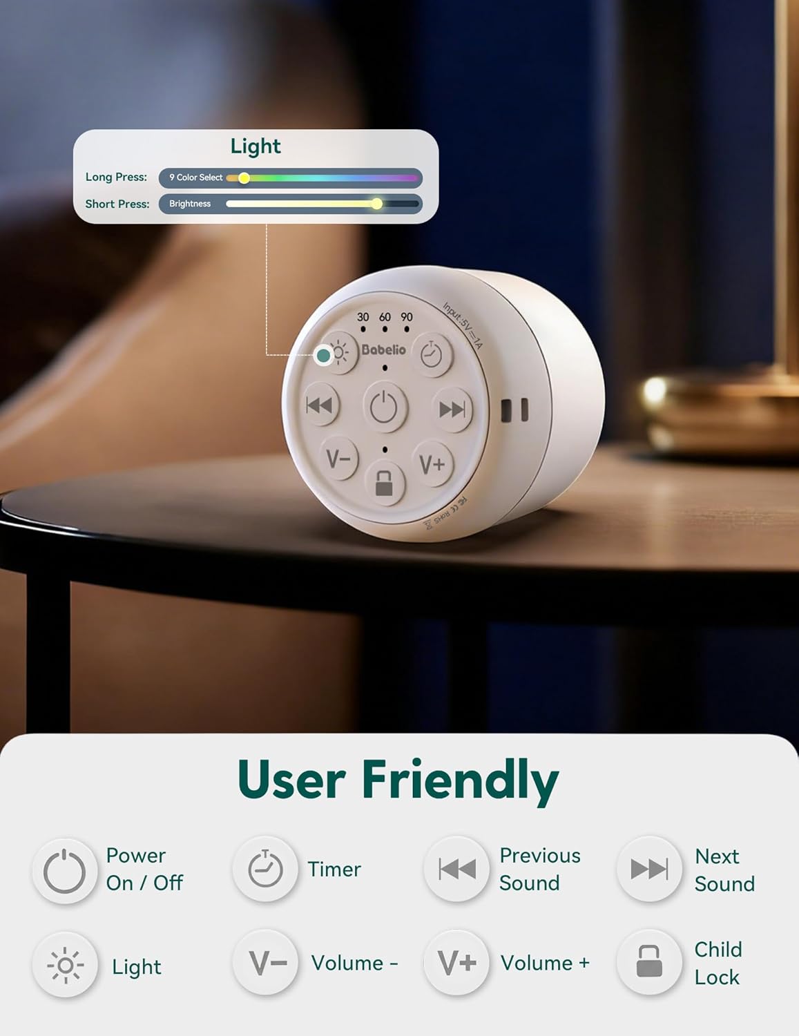 Babelio Pocket Glow White Noise Sound Machine - Upgraded 9 Color Night Lights, 20 Non-Looping Sounds, Timer & Memory Function, Portable for Adults & Babies, White
