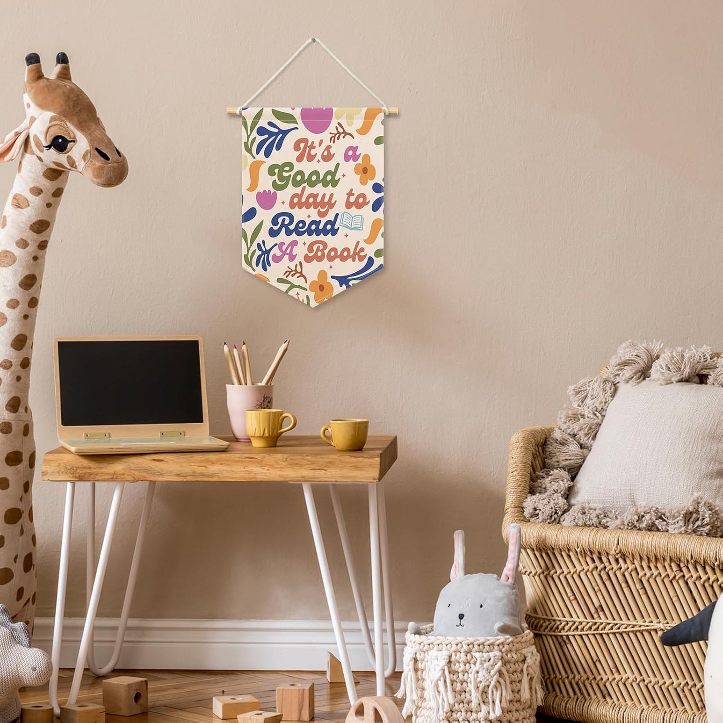 It's A Good Day to Read A Book Kids Room Decor,Floral Reading Classroom Banner Canvas,Nursery Wall Hanging Decor Art Pennant Flag for Reading Nook Corner Playroom Toddler Room Library 11x15in